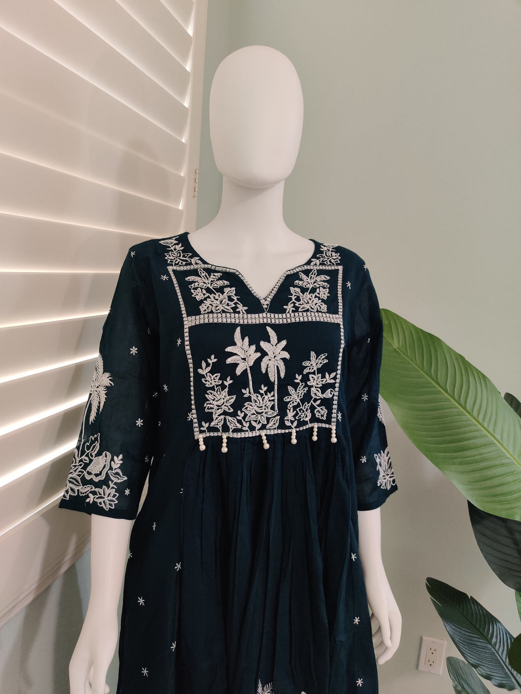 Dark Green A line Mul Cotton Embroidered Kurta Set
