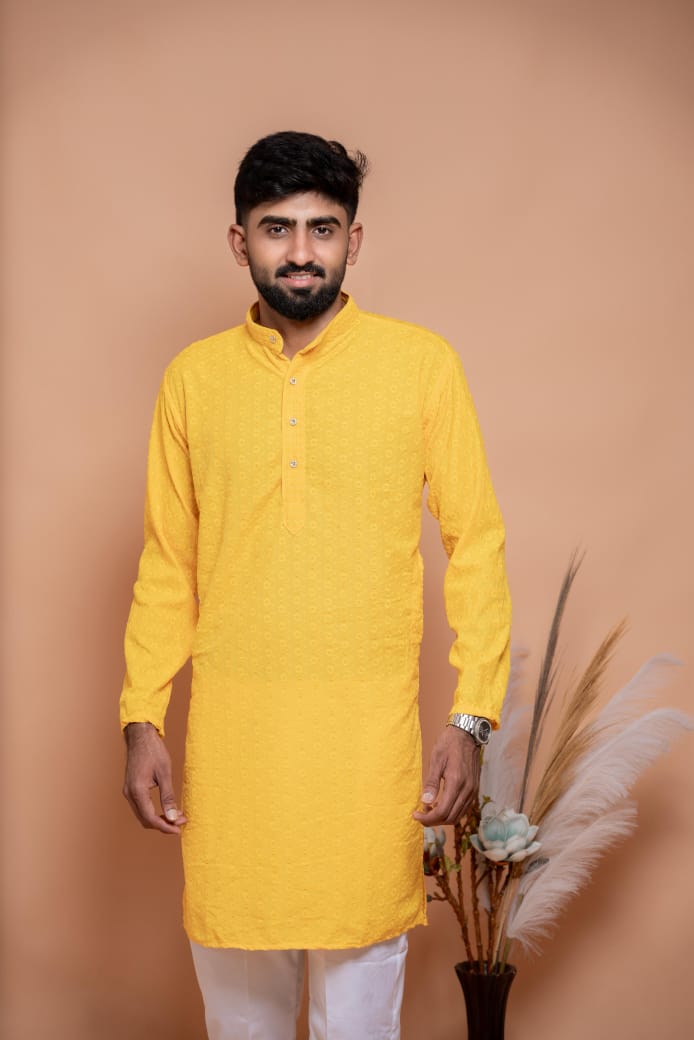 Yellow Lakhnavi Kurta Boys Pajama Set