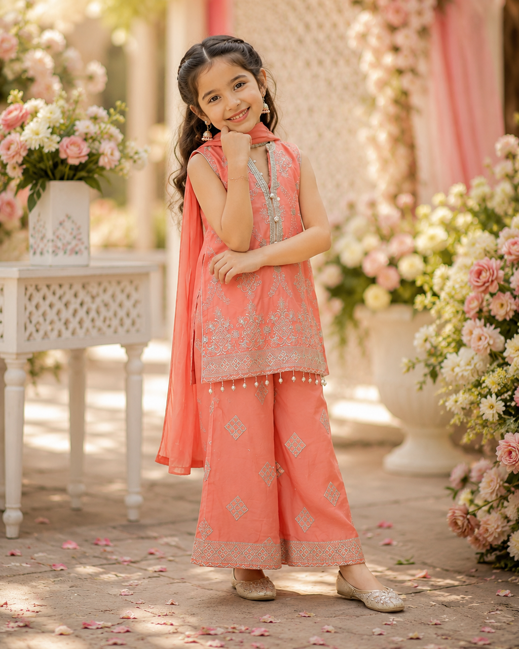 Coral Cotton Plazzo Kurta Set for girls