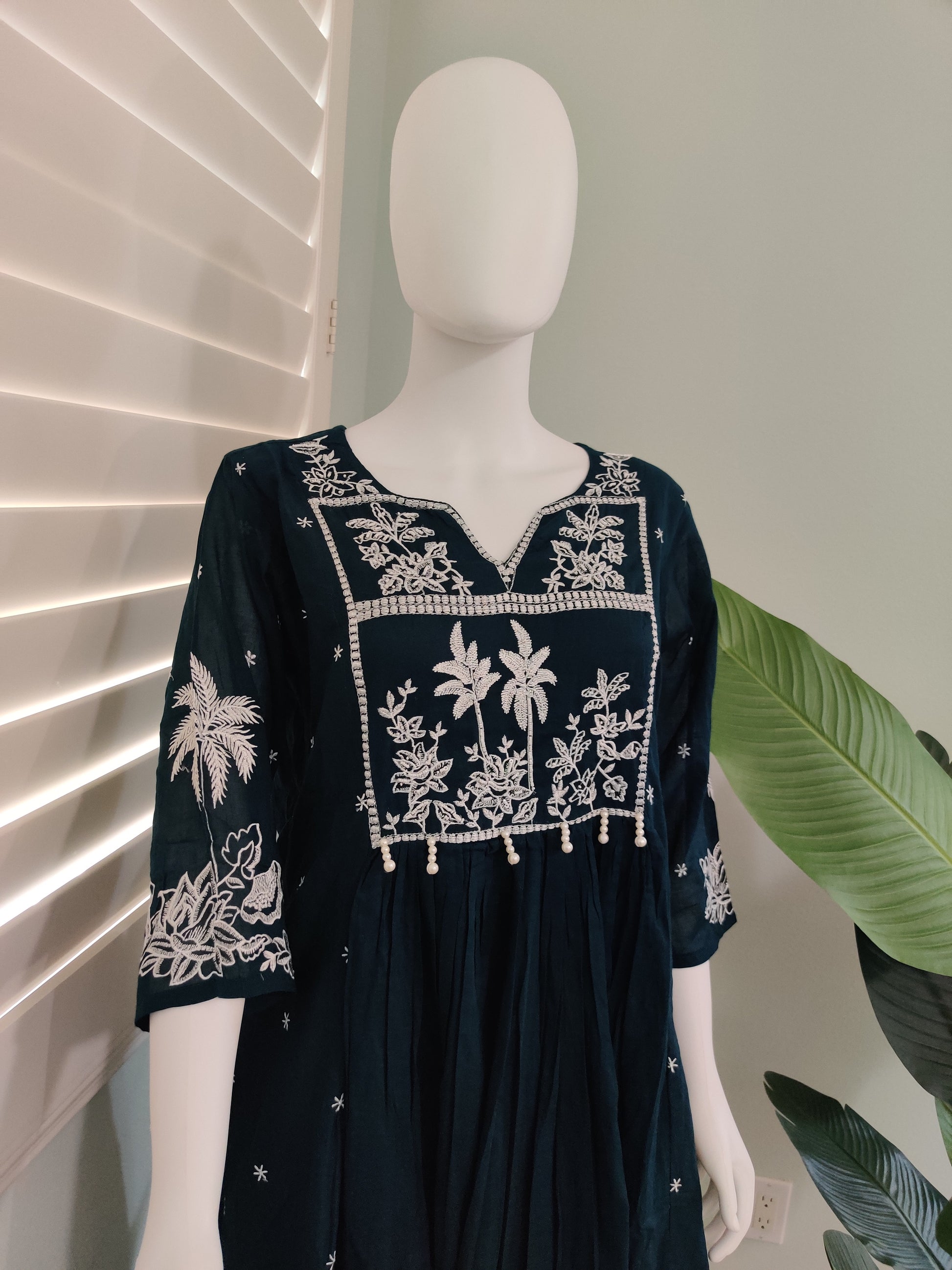 Dark Green A line Mul Cotton Embroidered Kurta Set