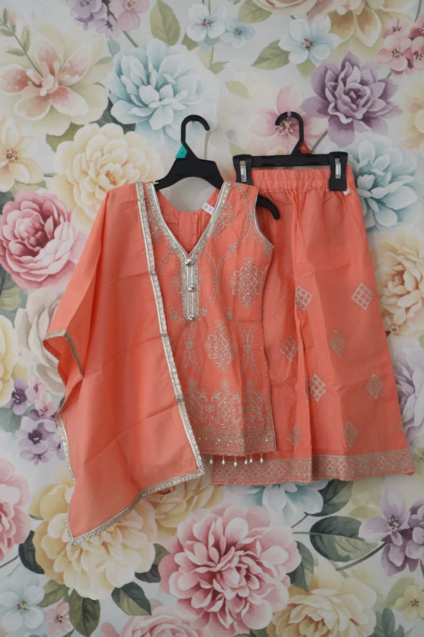 Coral Cotton Plazzo Kurta Set for girls