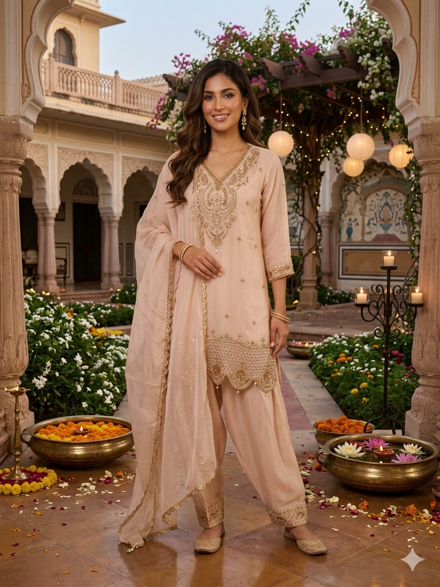 Festive Wear Beige Handwork Embroidered Farshi Salwar Kurta Set