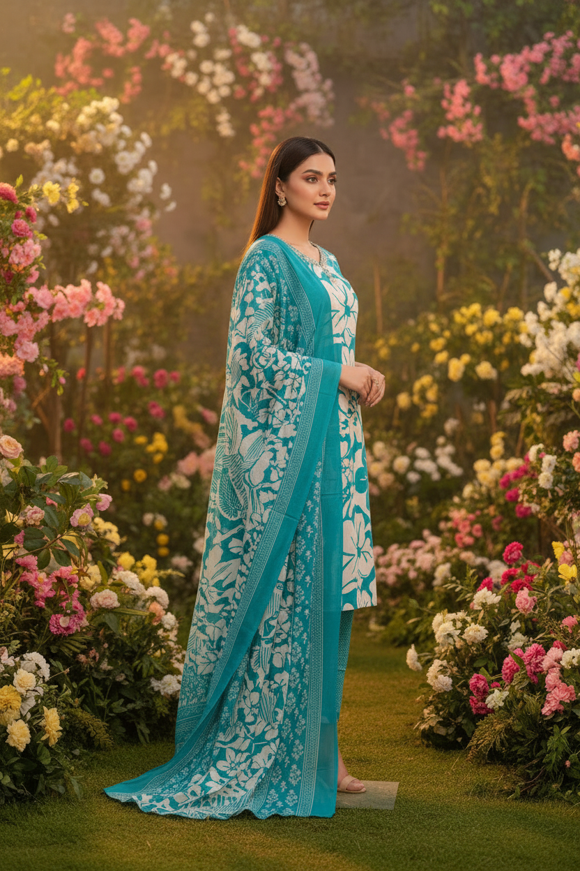 Teal Summer Wear Printed Cotton Kurta Set