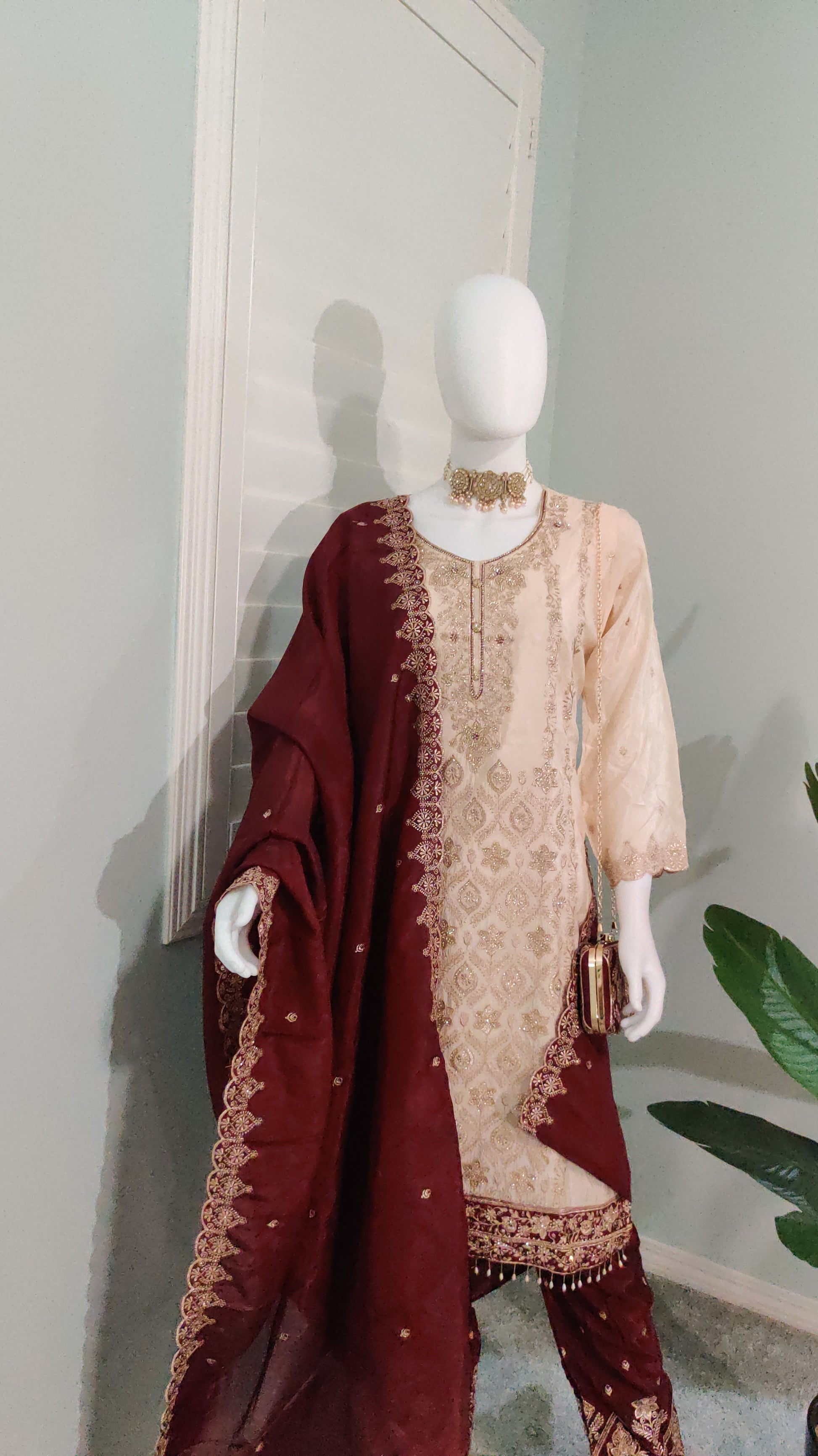 Glass Organza Embroidered Straight Pant Kurta set with Matching Purse