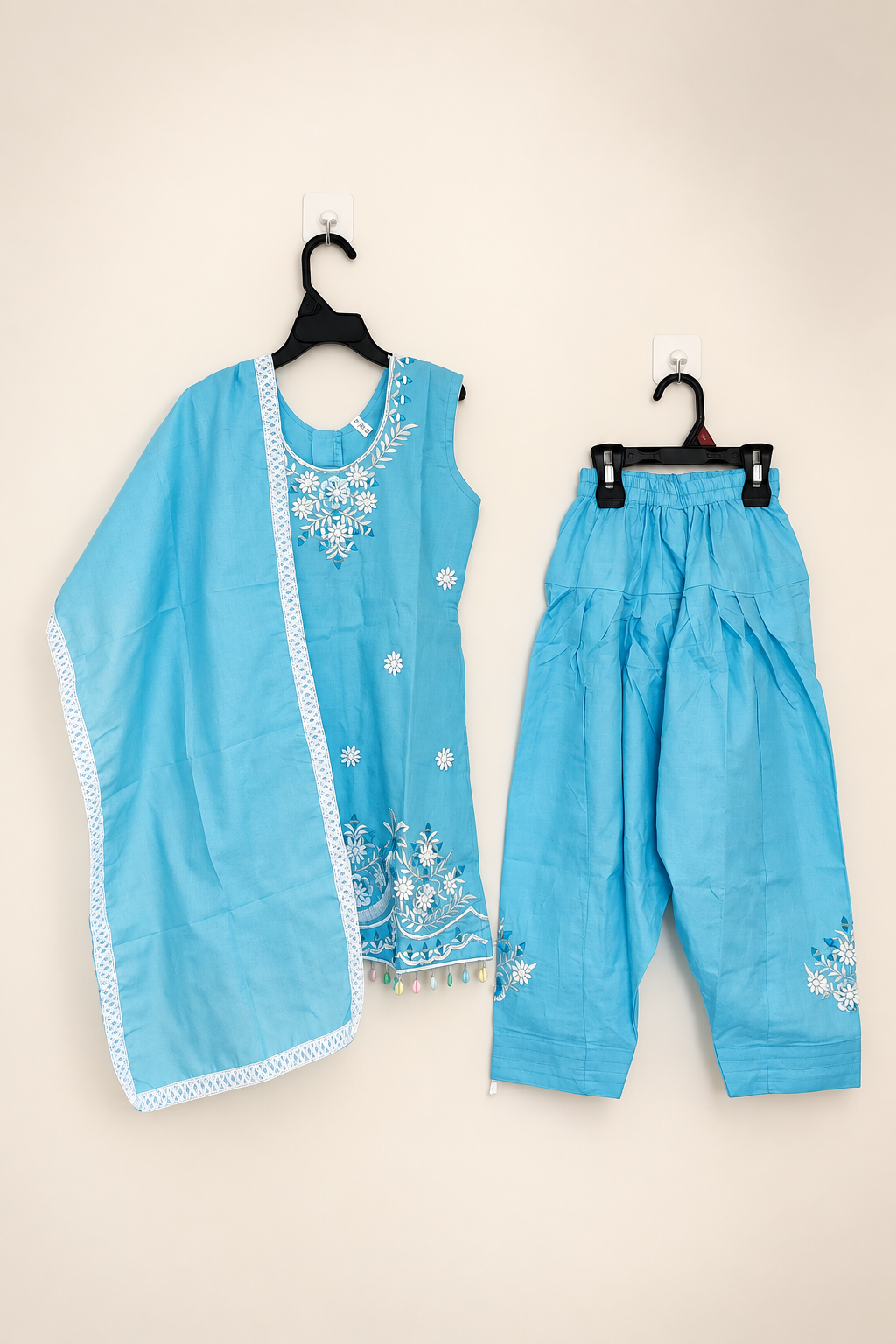 Little Girls’ Summer Wear Cotton Embroidered Farshi Salwar Suit Set — Light Blue