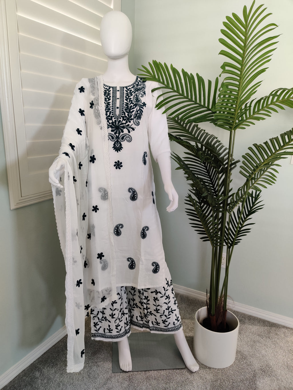 White Chikan Embroidered Summer Wear Plazzo Suit