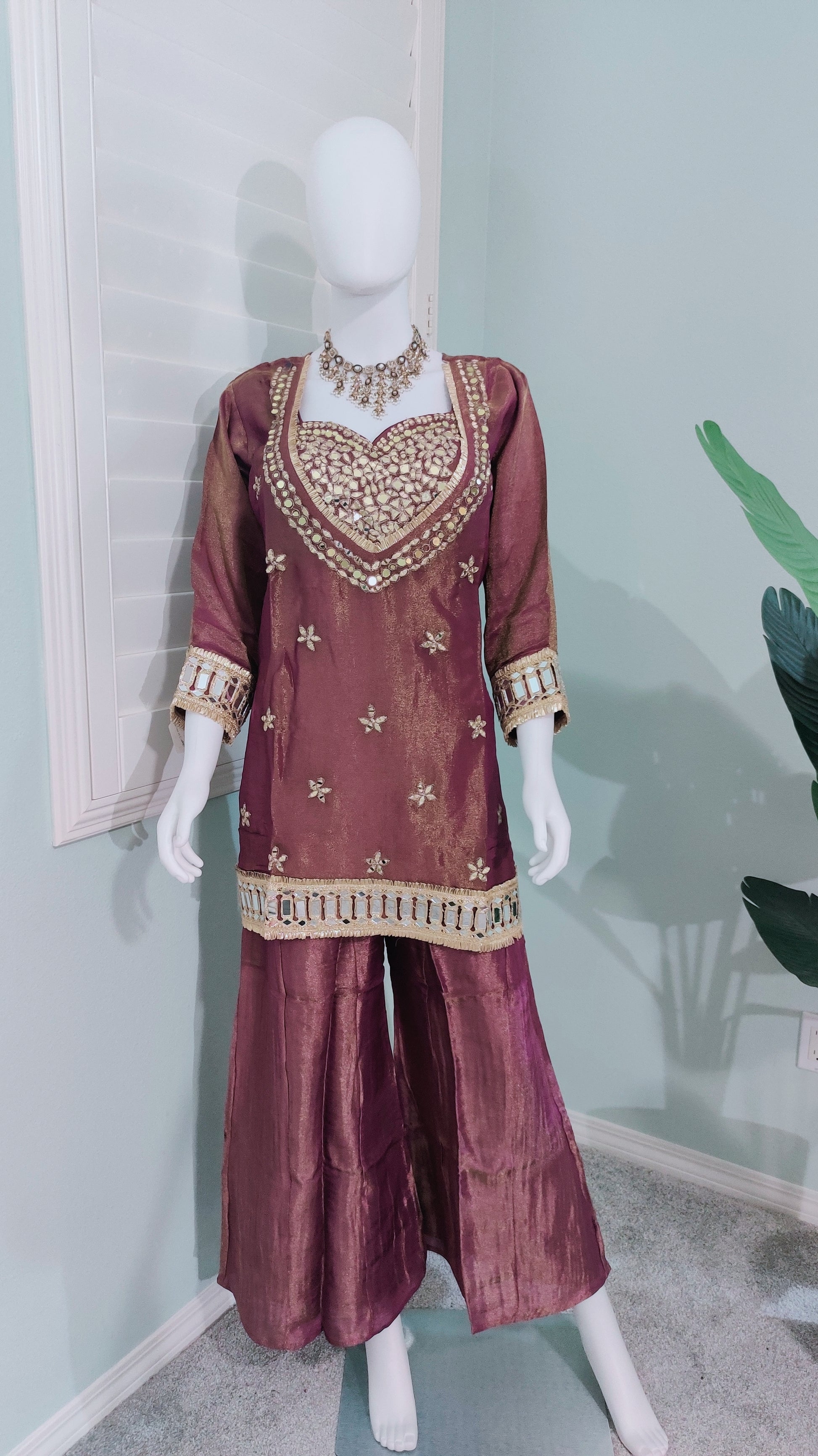 ✨ Mirror Magic: Shimmer Tissue Suit Set in Brown & Purple