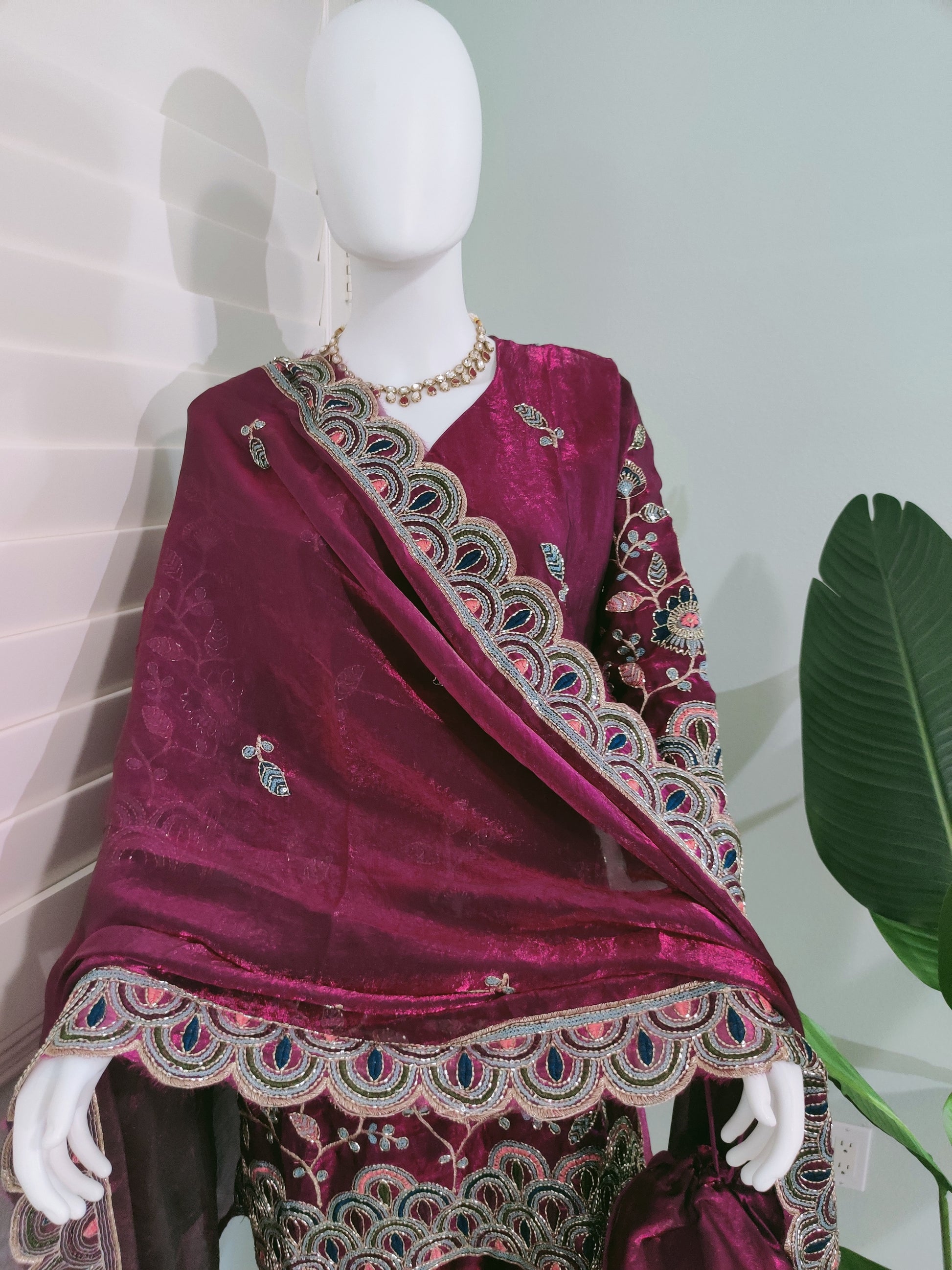 Plus Size Plazzo Suit set in Tissue Shimmer with Potli