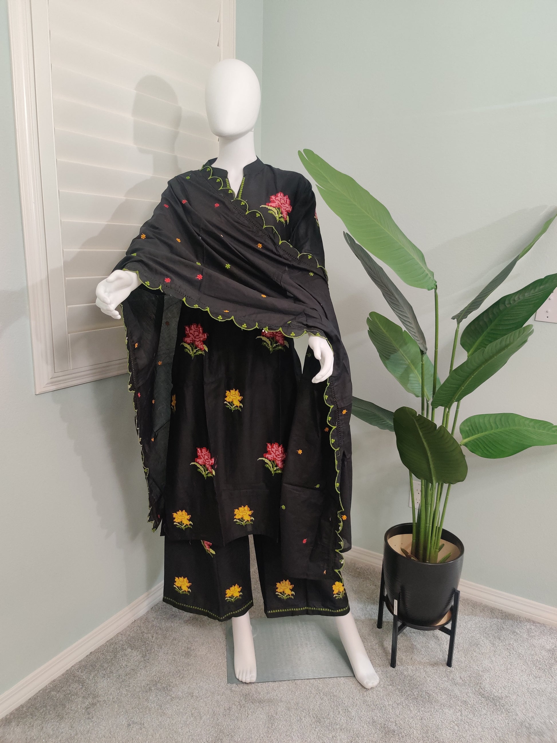 Elegant Black Cotton Embroidered Kurta & Palazzo Set