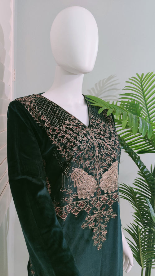 Bottle Green Velvet Embroidered Suit Set