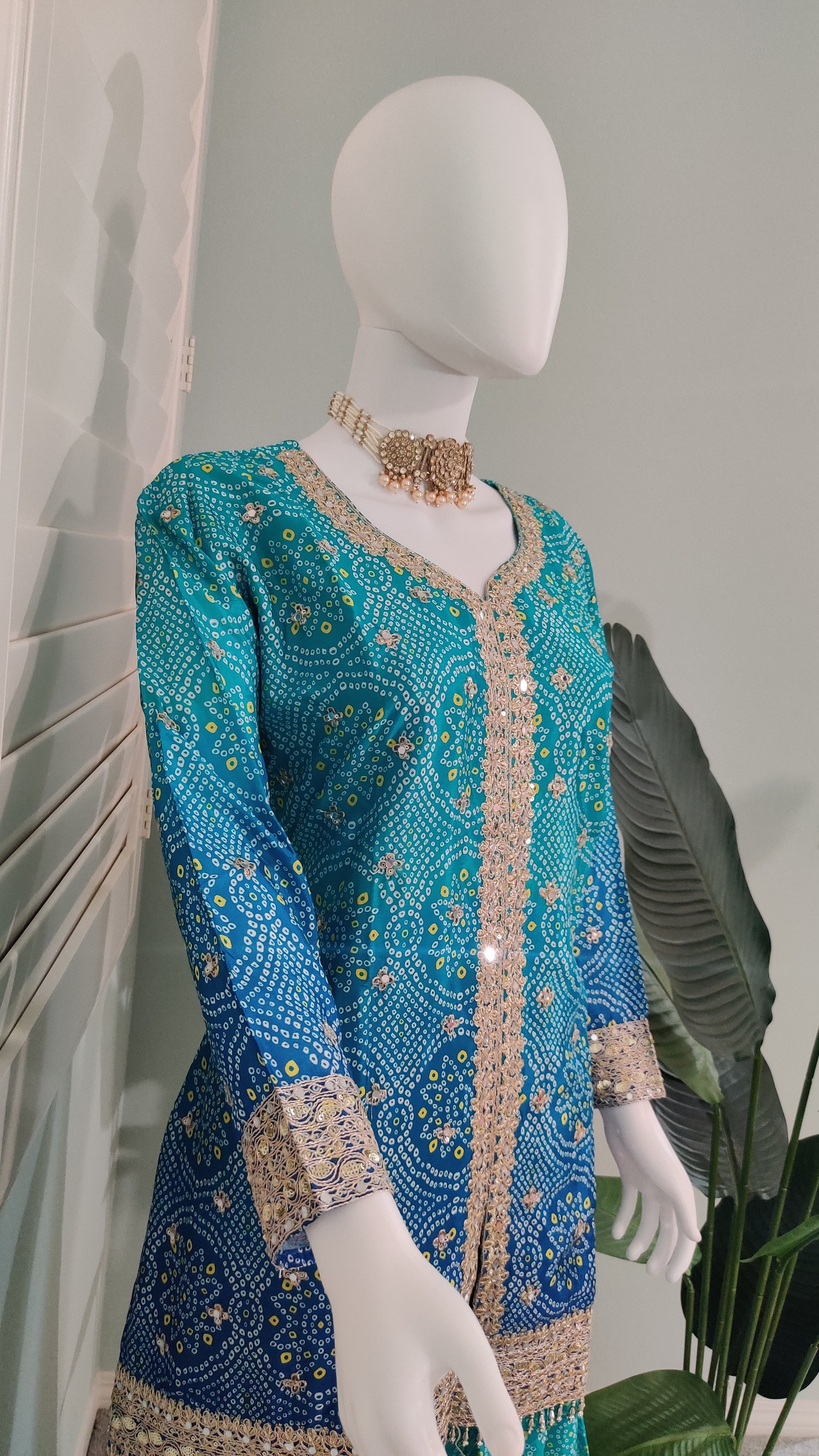 Chinnon Fabric Bandhej Print Heavy Palazzo Kurta Set