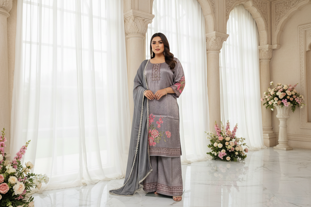 Grey Plazzo Kurta Set in Plus Size