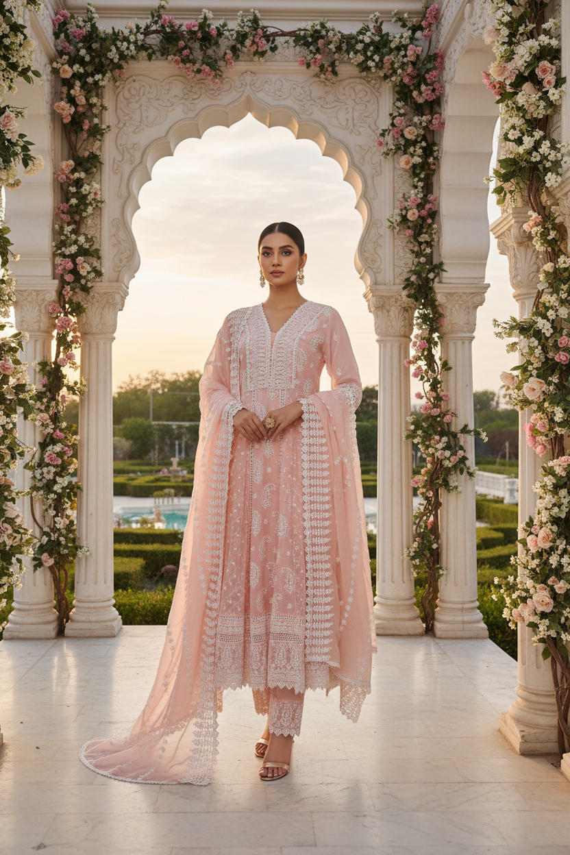 Peach Chikankari Anarkali Cotton Kurta Set