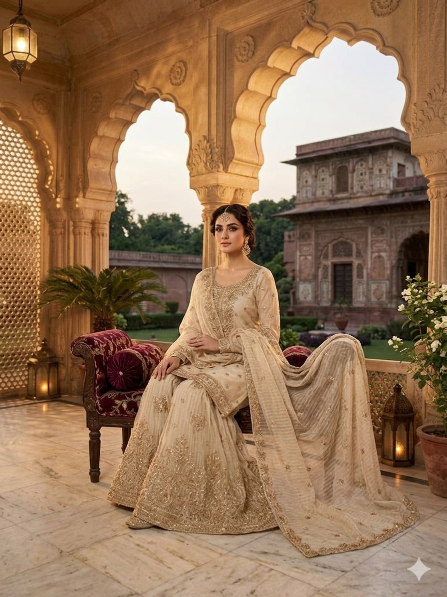 Beige Wedding Wear Handwork Embroidered Plazzo Suit
