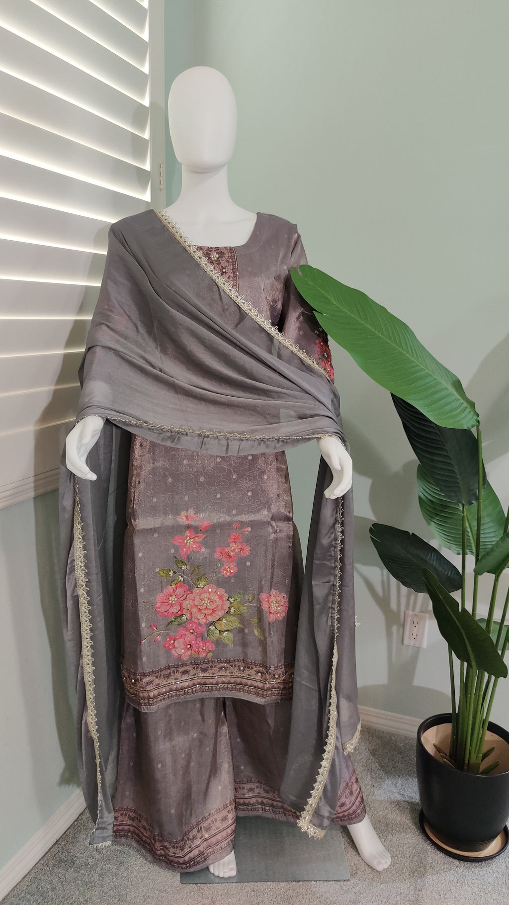 Grey Plazzo Kurta Set in Plus Size