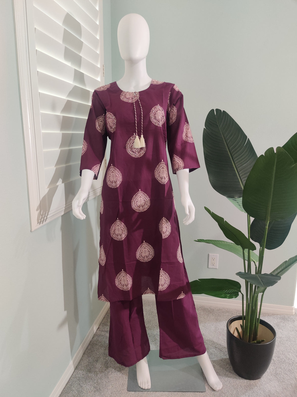 Wine Block Printed Premium Cotton Kurta Set