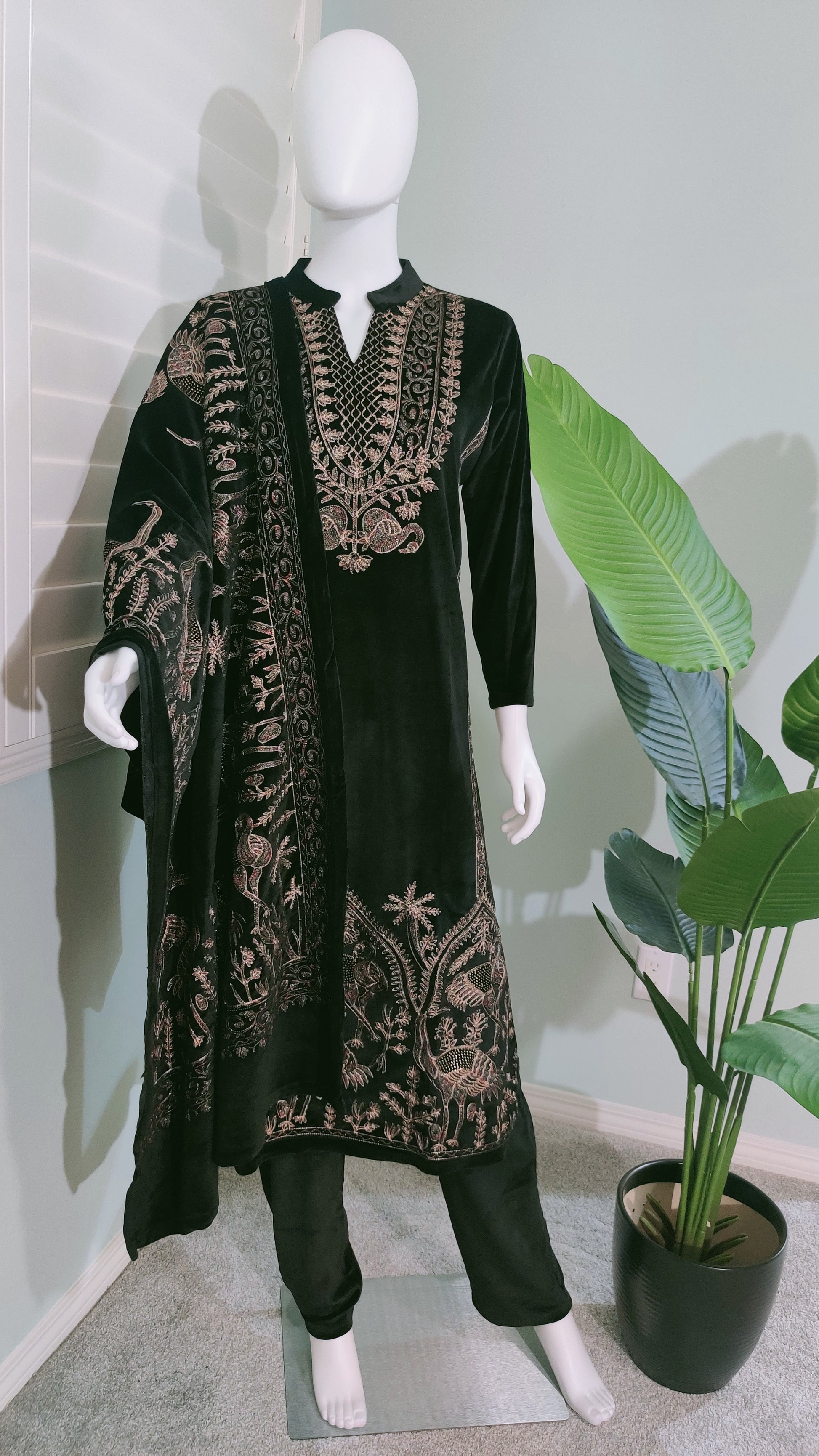 Black, bold, and beautifully embroidered Velvet Kurta set