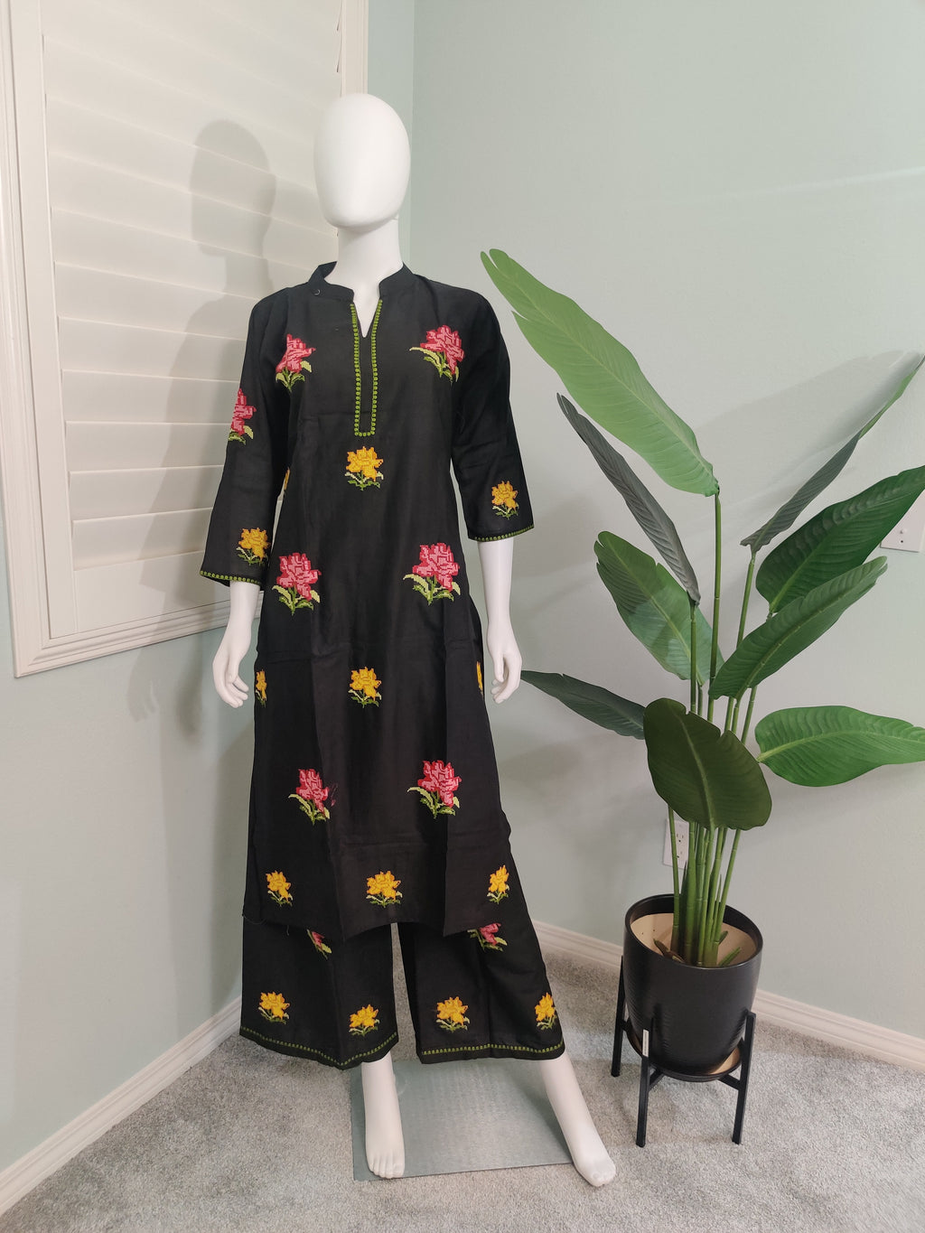 Elegant Black Cotton Embroidered Kurta & Palazzo Set