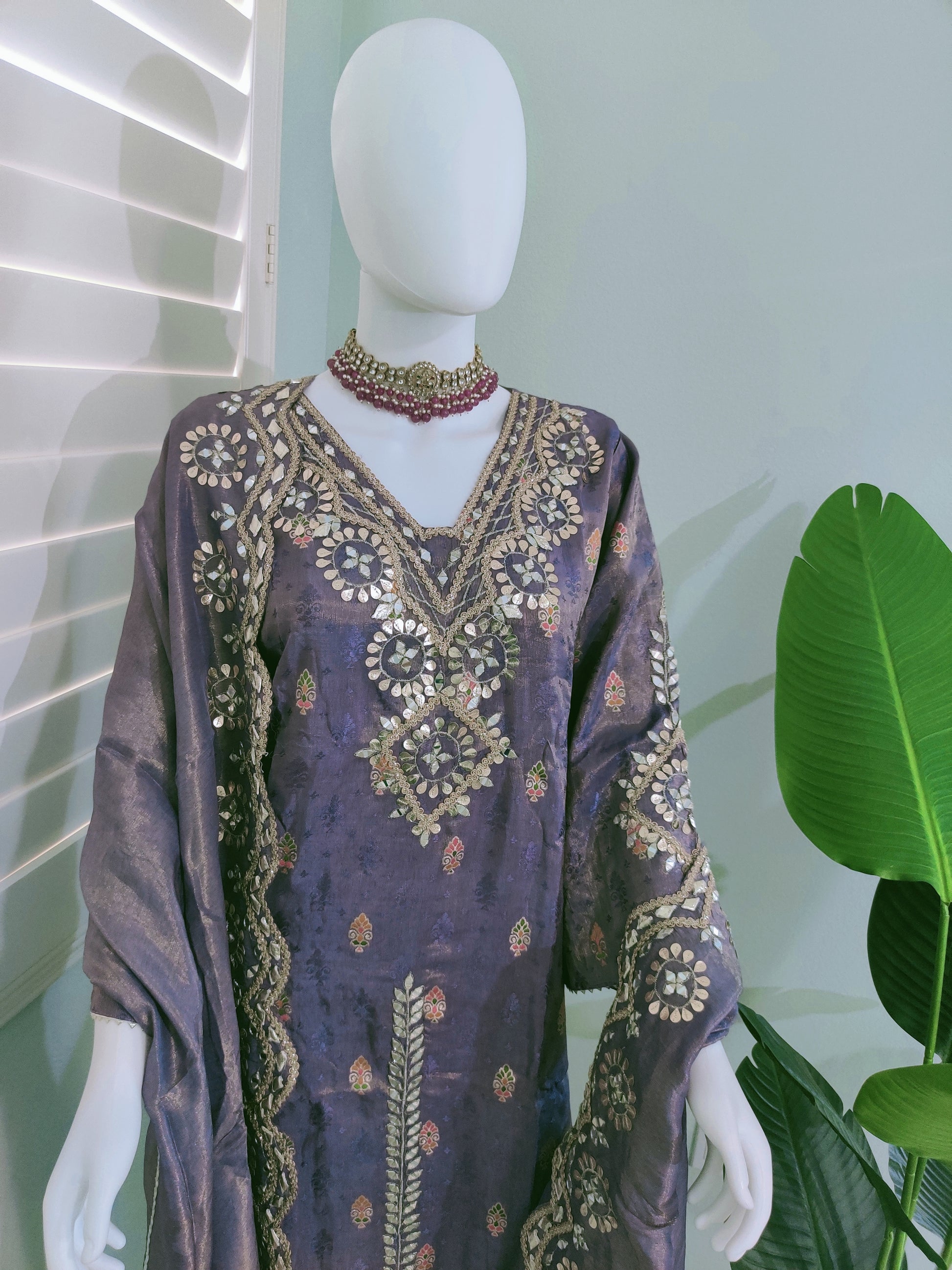 Regal Lavender straight kurta set with intricate gold-silver embroidery — celebration ready.
