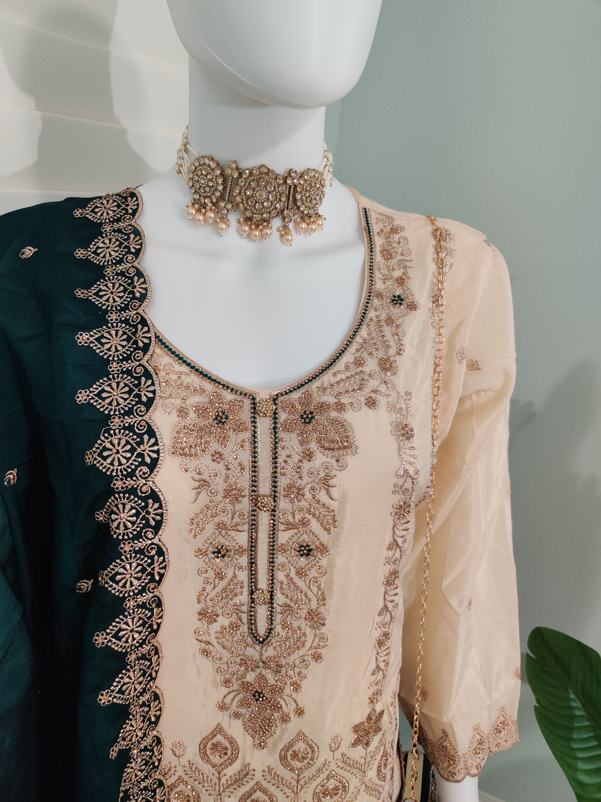 Glass Organza Embroidered Straight Pant Kurta set with Matching Purse