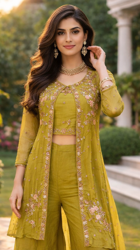 Chinon Indo Western Dress with a hand‑embroidered removable jacket.”