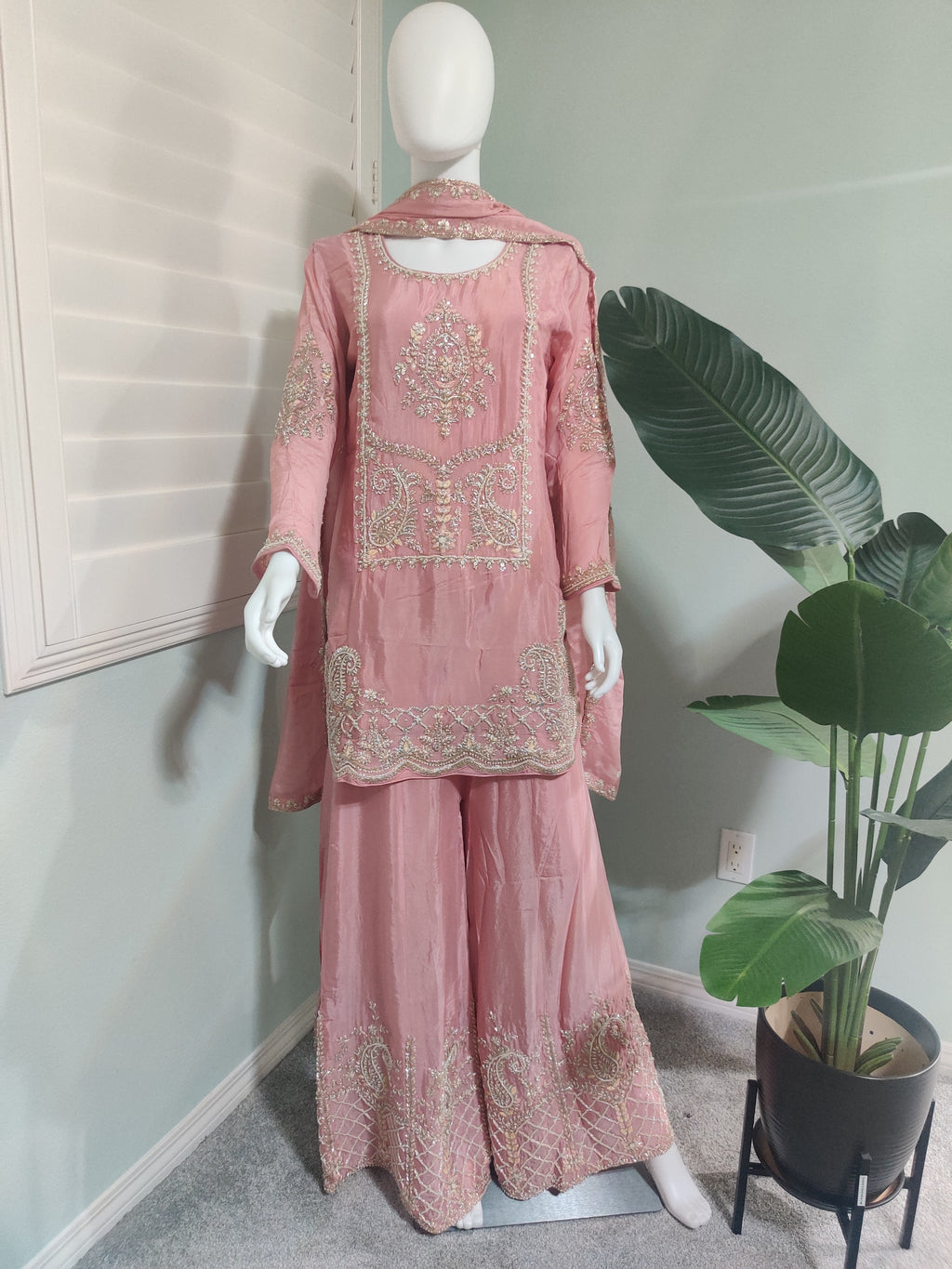 Pastel Pink Zari Embroidered Festive Wear Plazzo Kurta Set