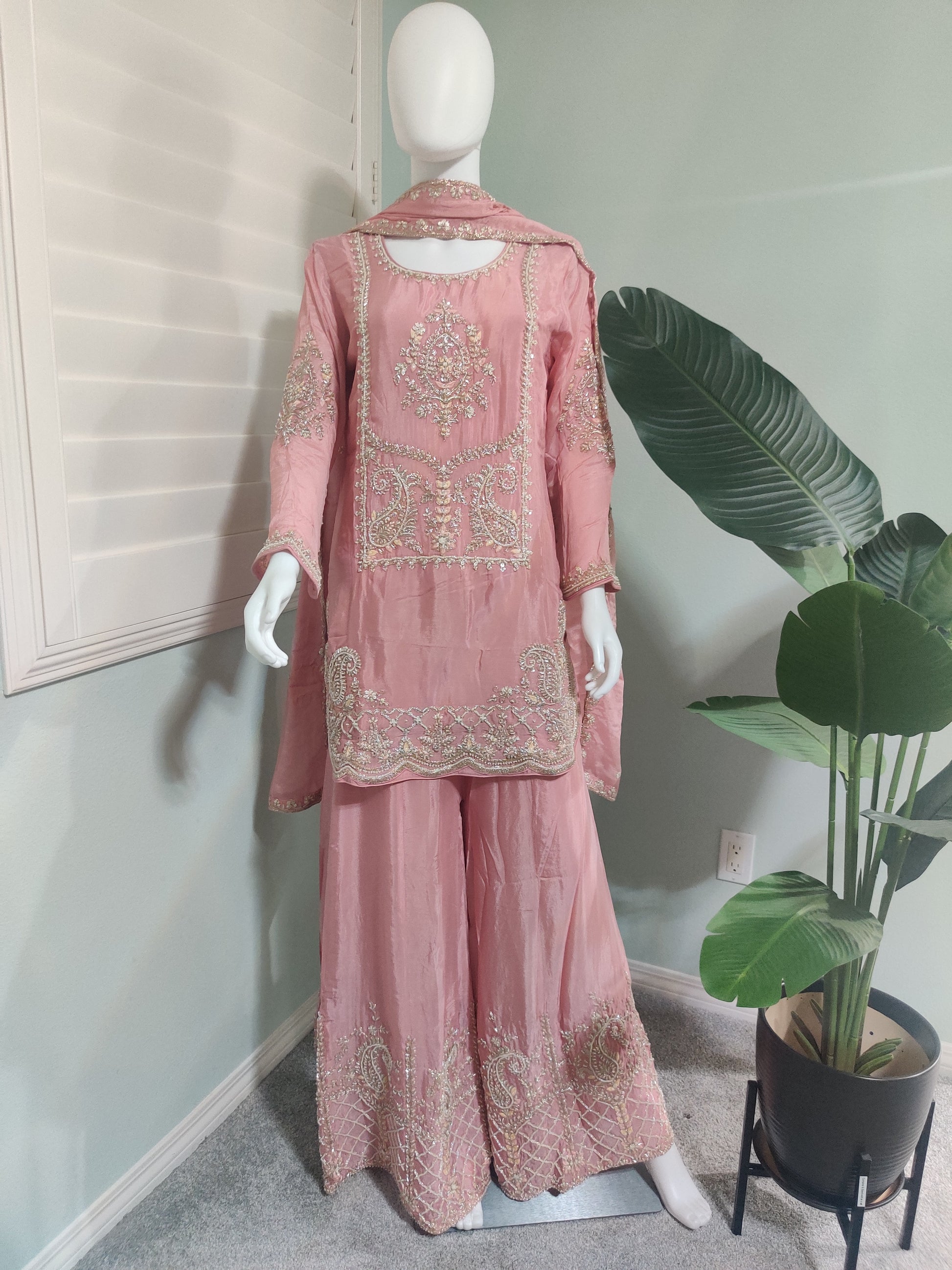 Pastel Pink Zari Embroidered Festive Wear Plazzo Kurta Set