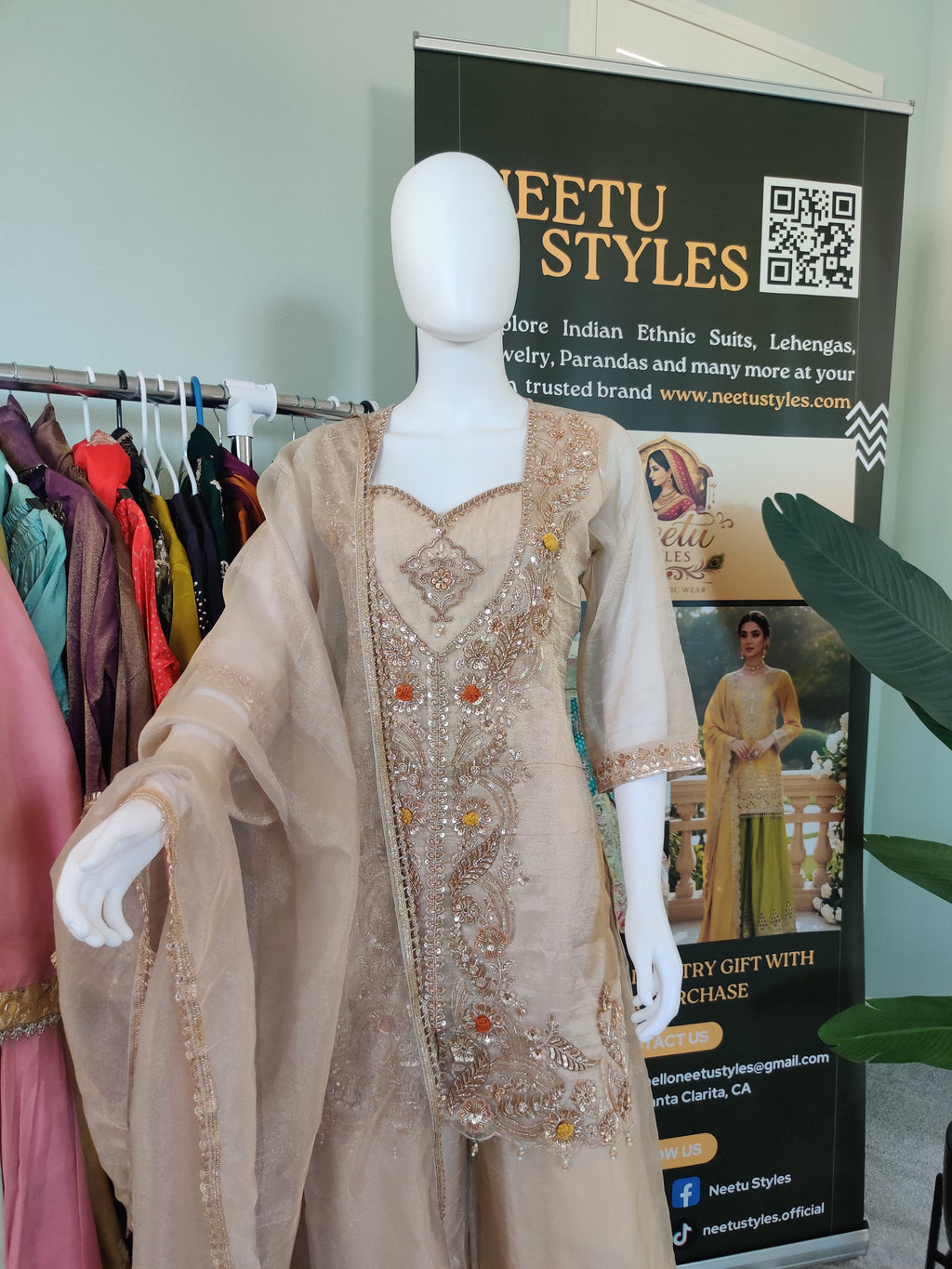 Elegant Beige Organza Embroidered Plazzo Suit