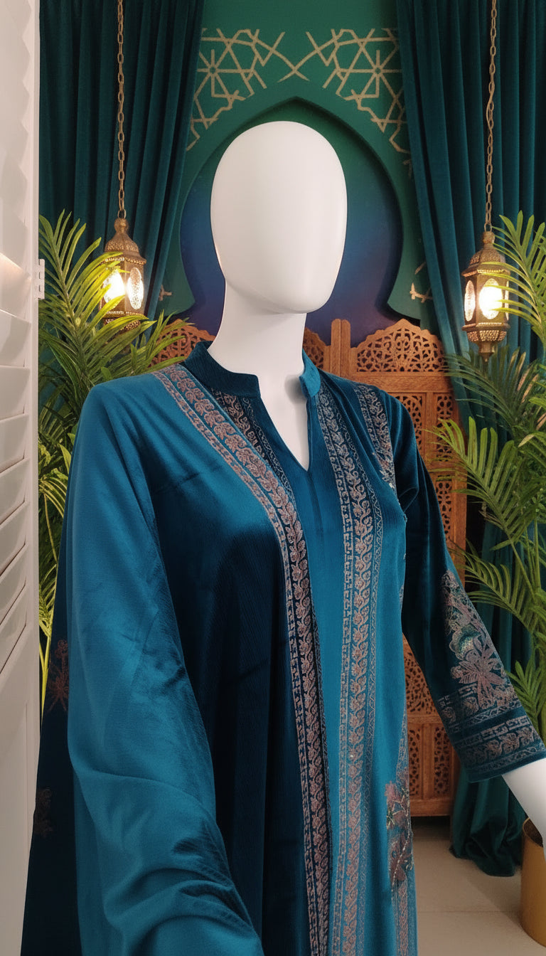 Teal Twilight: Embroidered Elegance in Velvet