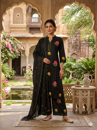 Elegant Black Cotton Embroidered Kurta & Palazzo Set