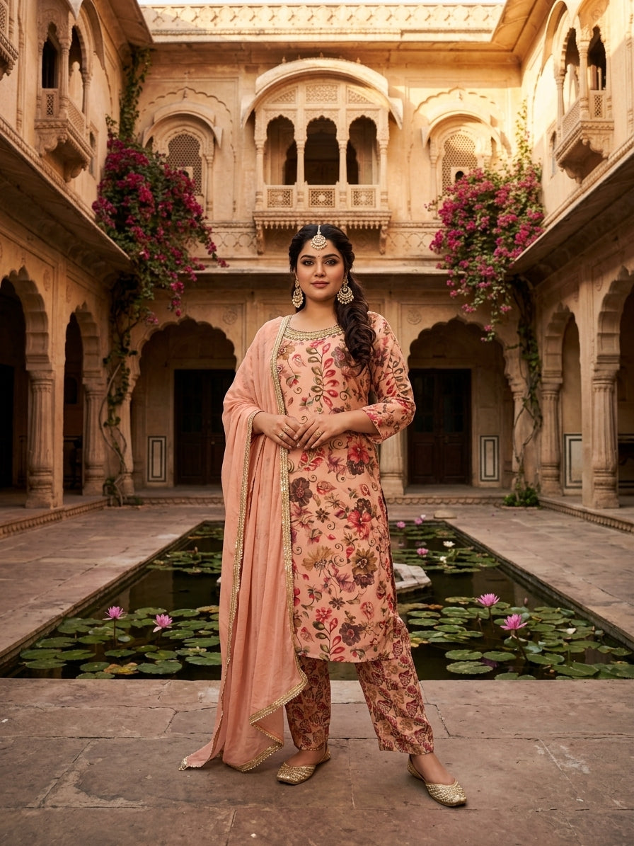 Floral Elegance Cotton Kurta Set (Plus Size)