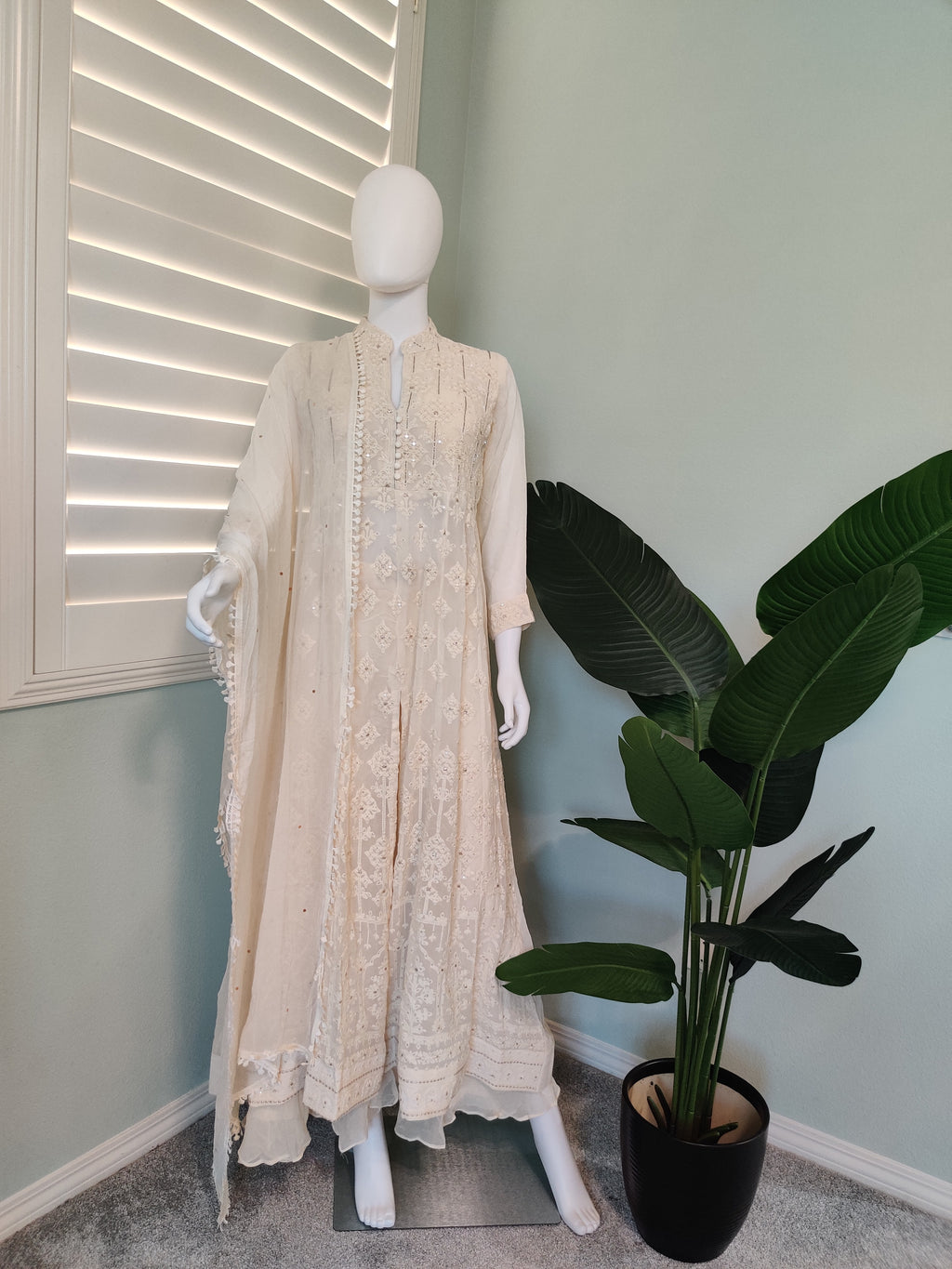 Cream Chikankari Embroidered Palazzo Kurta Set