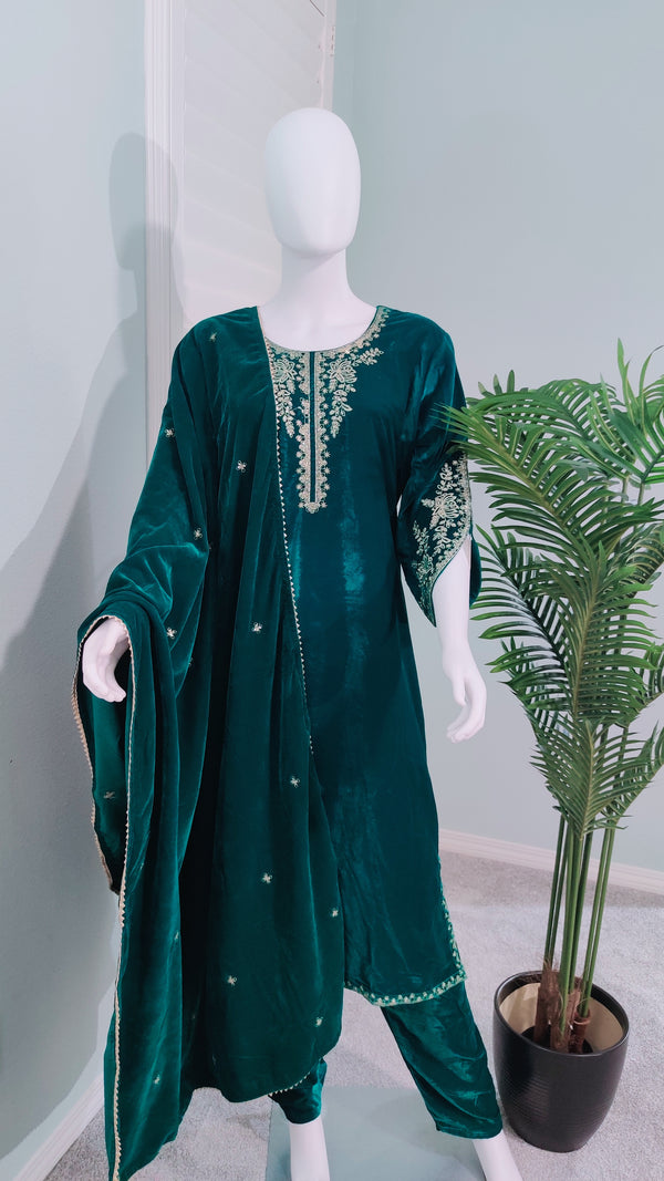Embroidered Emerald Green Velvet Suit With Embroidered Dupatta