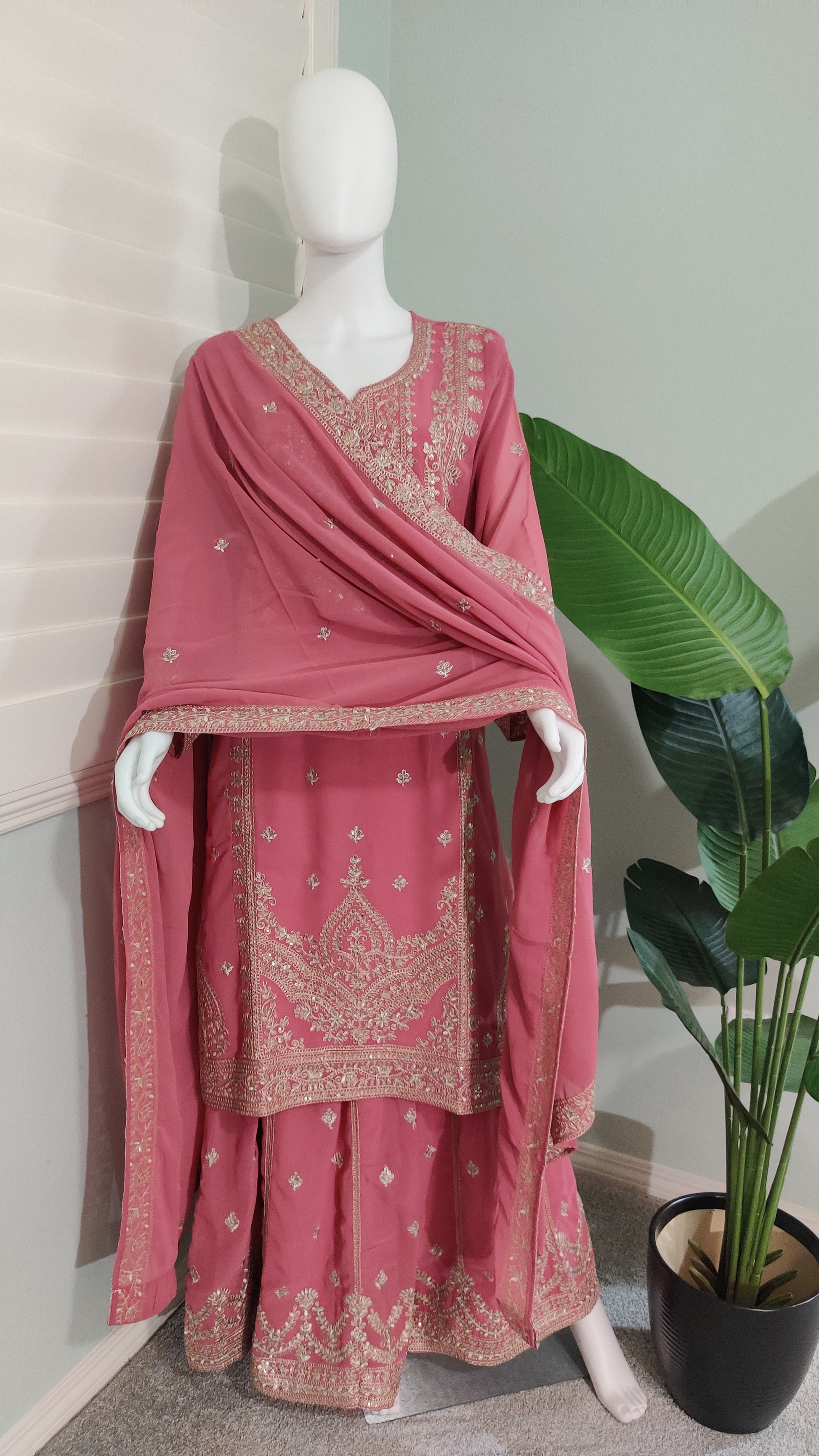 Blush Pink Zari Embroidered Kurta Skirt Set (Plus Size)