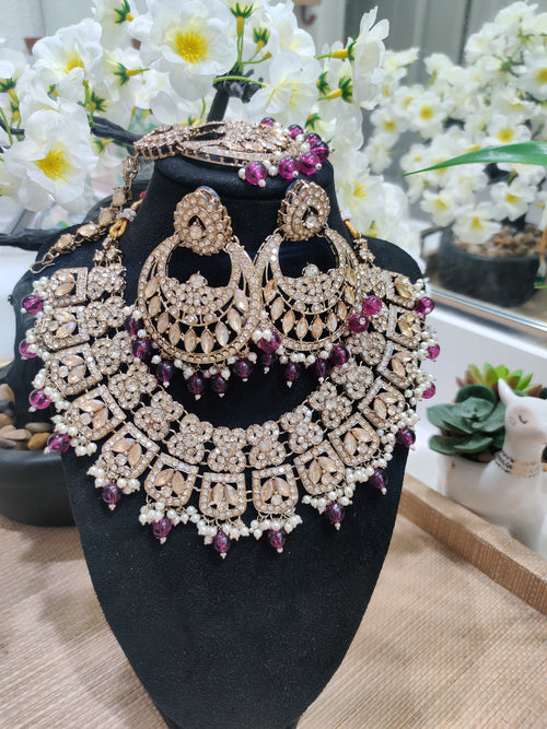 Antique Gold Bridal Necklace Set with Chandbali Earrings & Maang Tikka