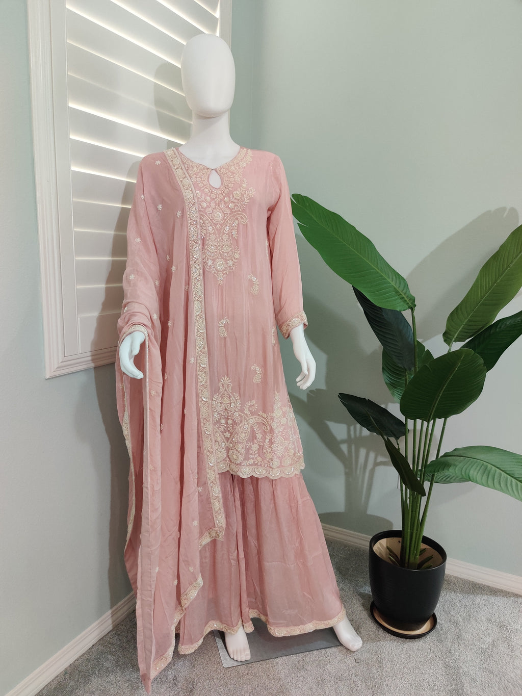 Soft Blush Pink Pearl Embroidered Sharara Kurta Set