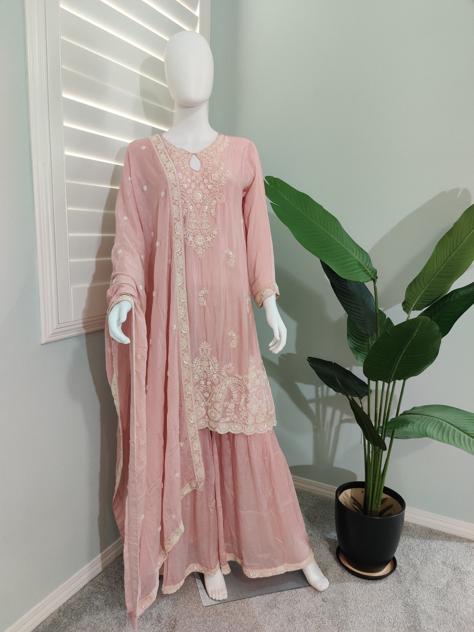 Soft Blush Pink Pearl Embroidered Sharara Kurta Set