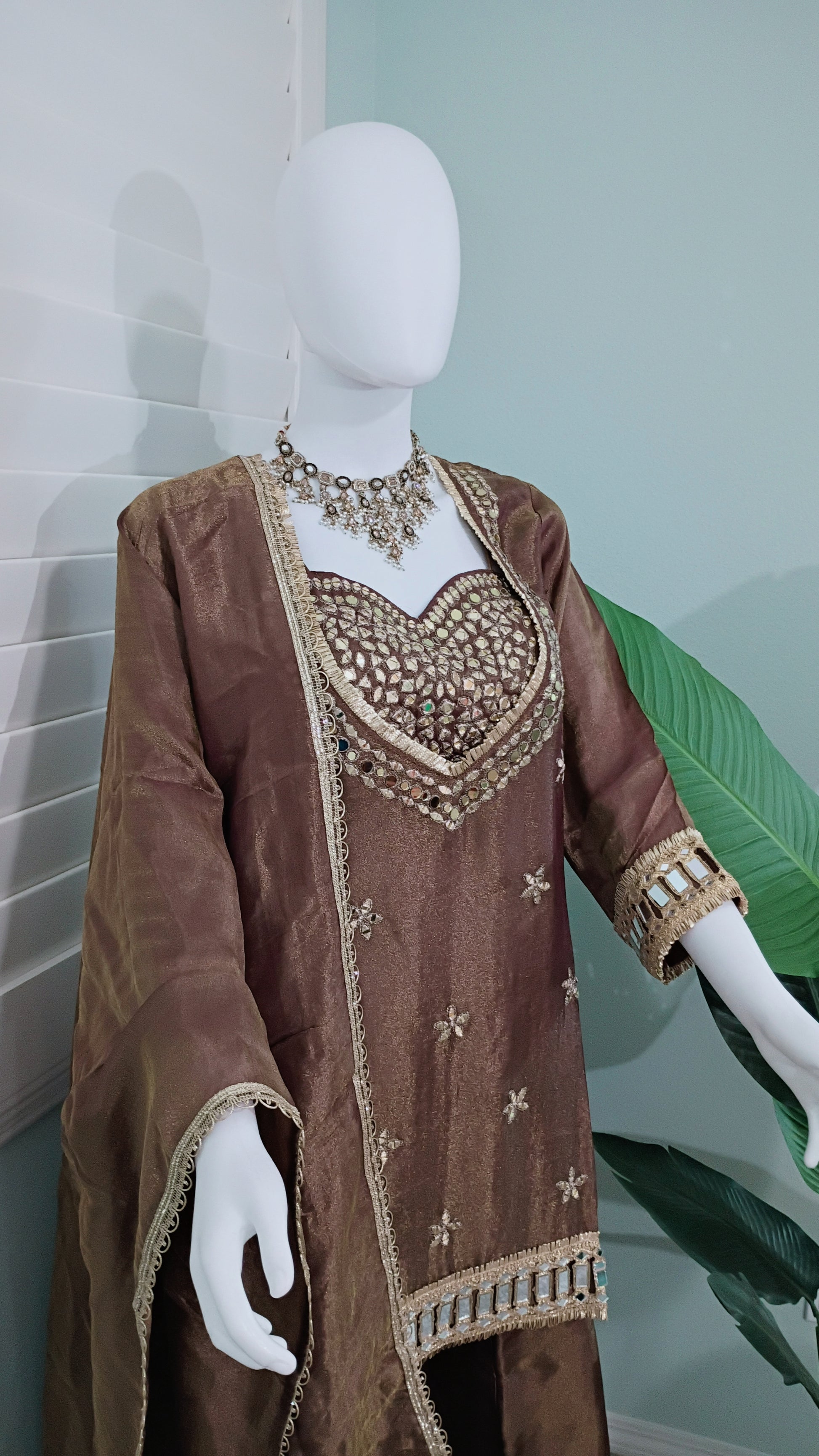 ✨ Mirror Magic: Shimmer Tissue Suit Set in Brown & Purple