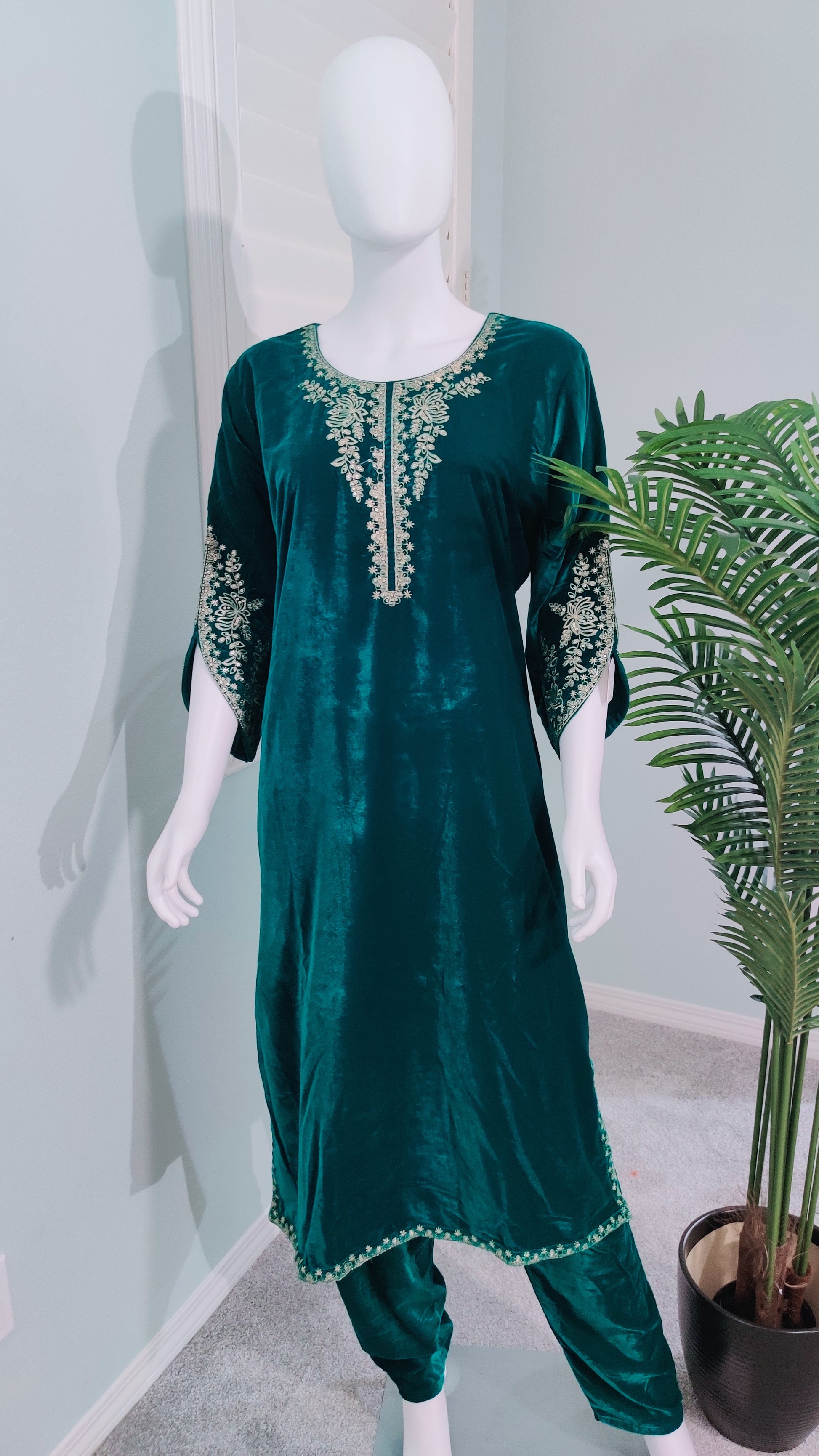 Embroidered Emerald Green Velvet Suit With Embroidered Dupatta