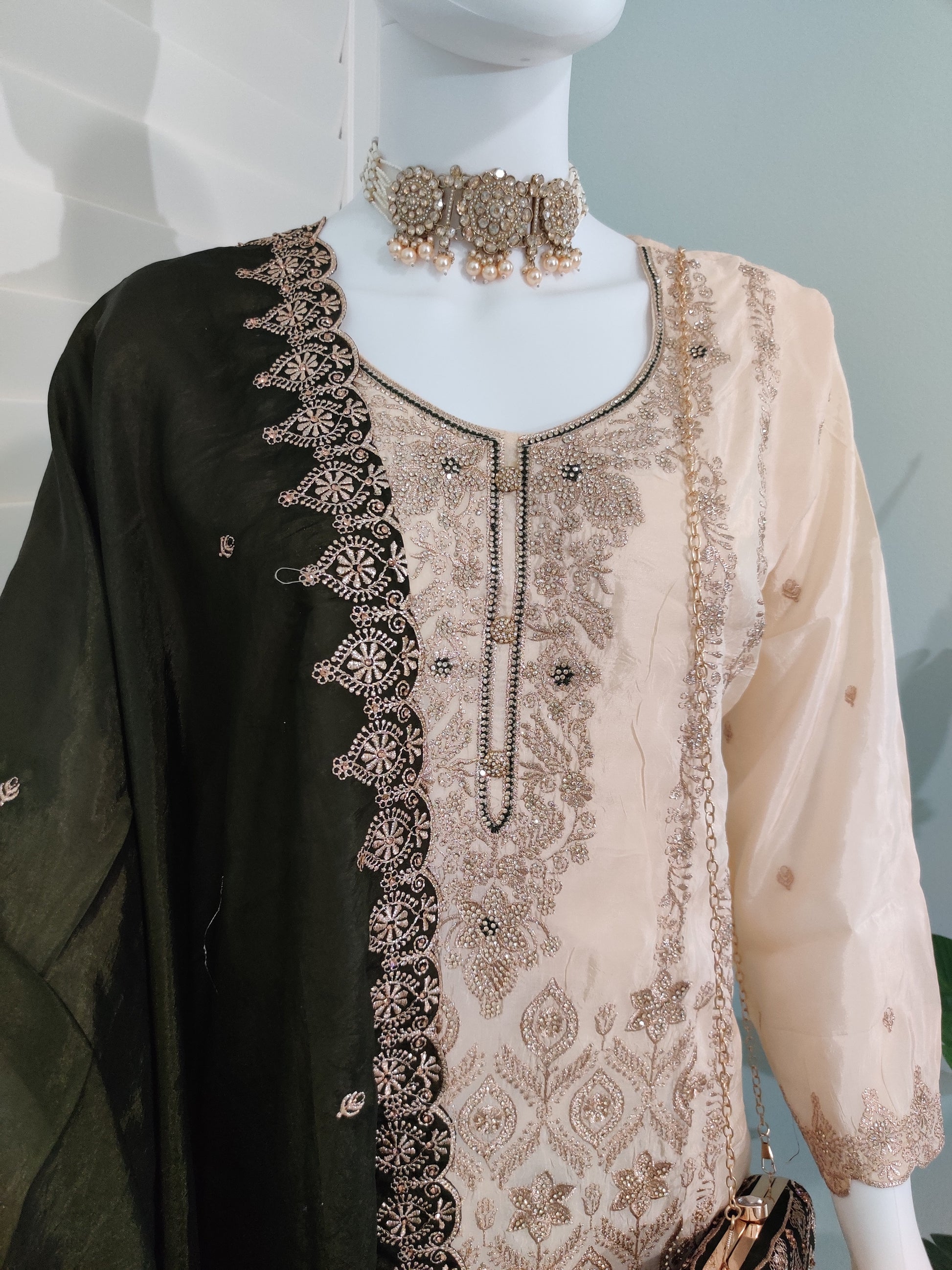 Glass Organza Embroidered Straight Pant Kurta set with Matching Purse