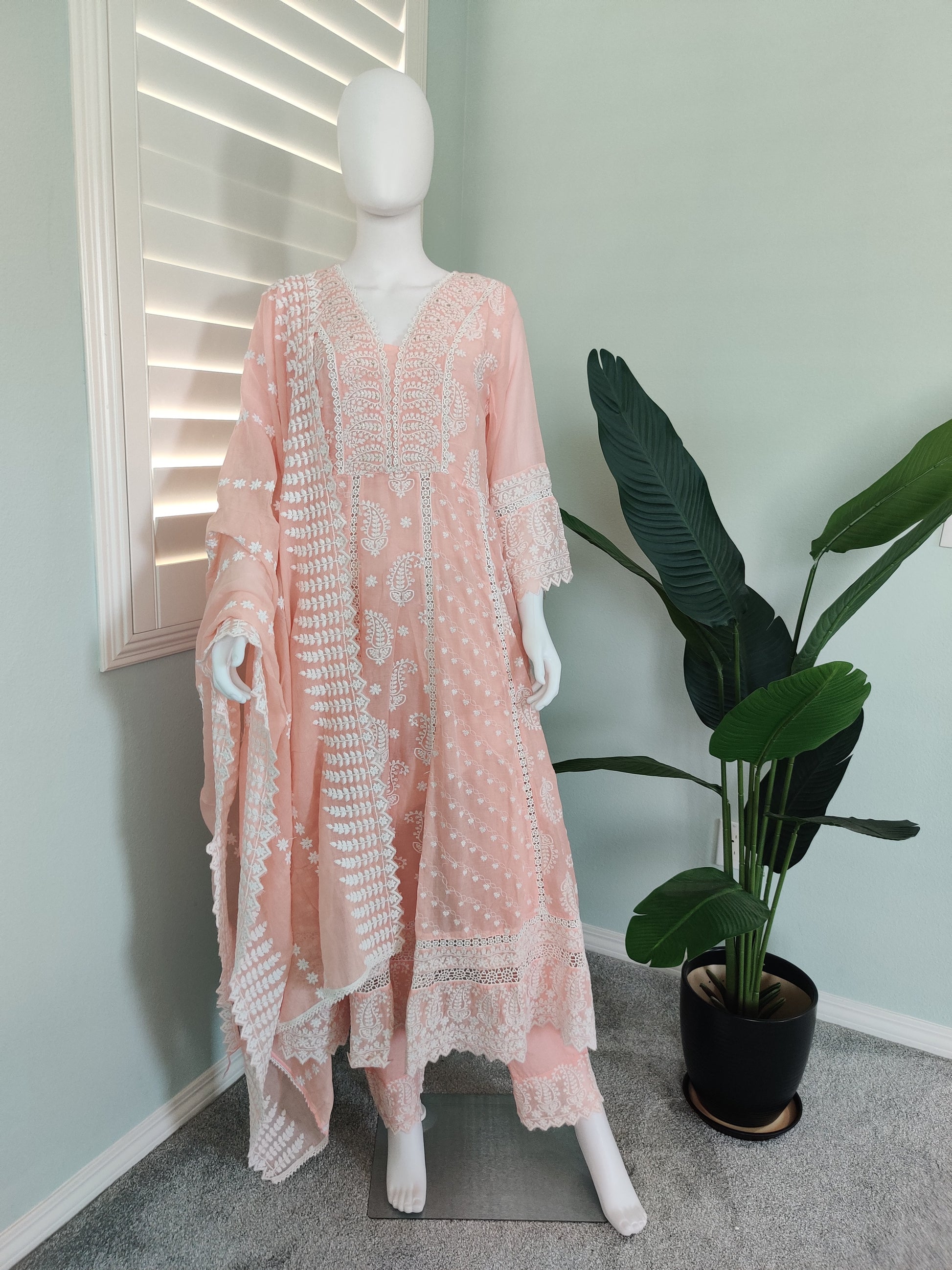 Peach Chikankari Anarkali Cotton Kurta Set