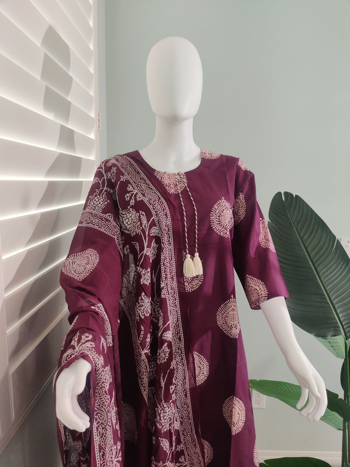 Wine Block Printed Premium Cotton Kurta Set