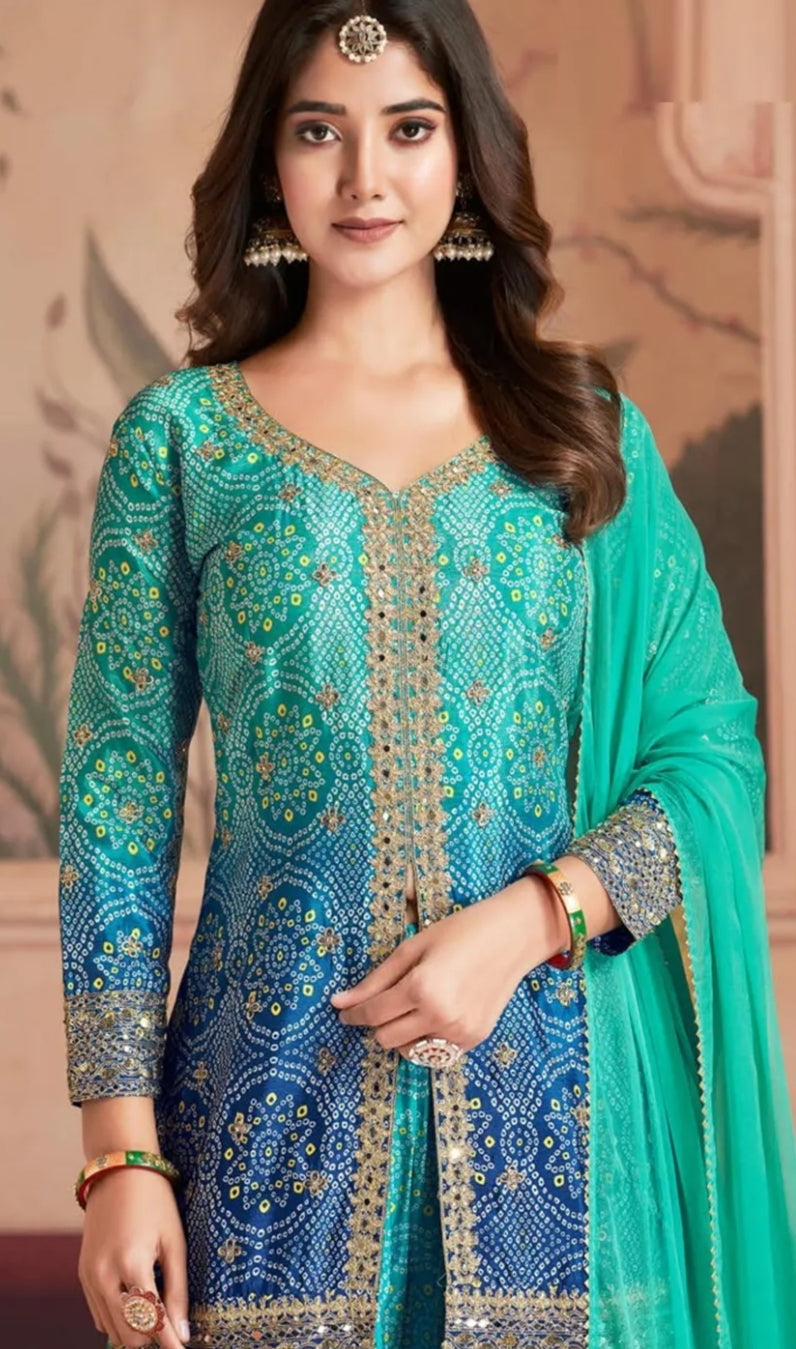 Chinnon Fabric Bandhej Print Heavy Palazzo Kurta Set