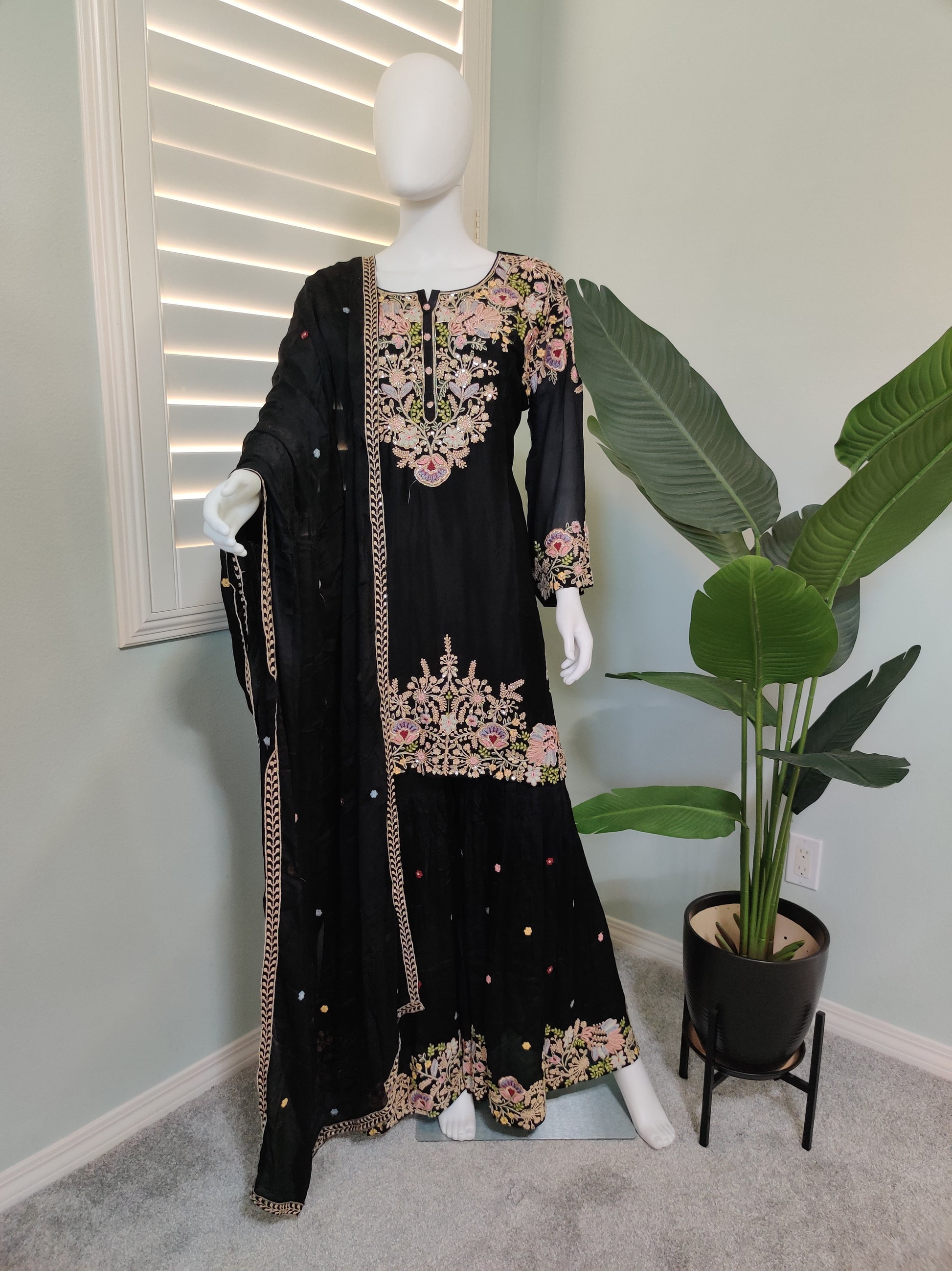 Black Multi-Color Resham Embroidered Sharara Kurta Set
