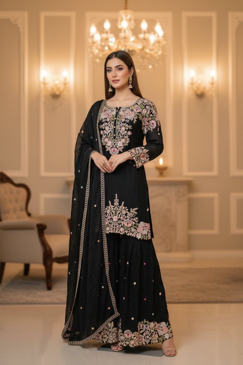 Black Multi-Color Resham Embroidered Sharara Kurta Set