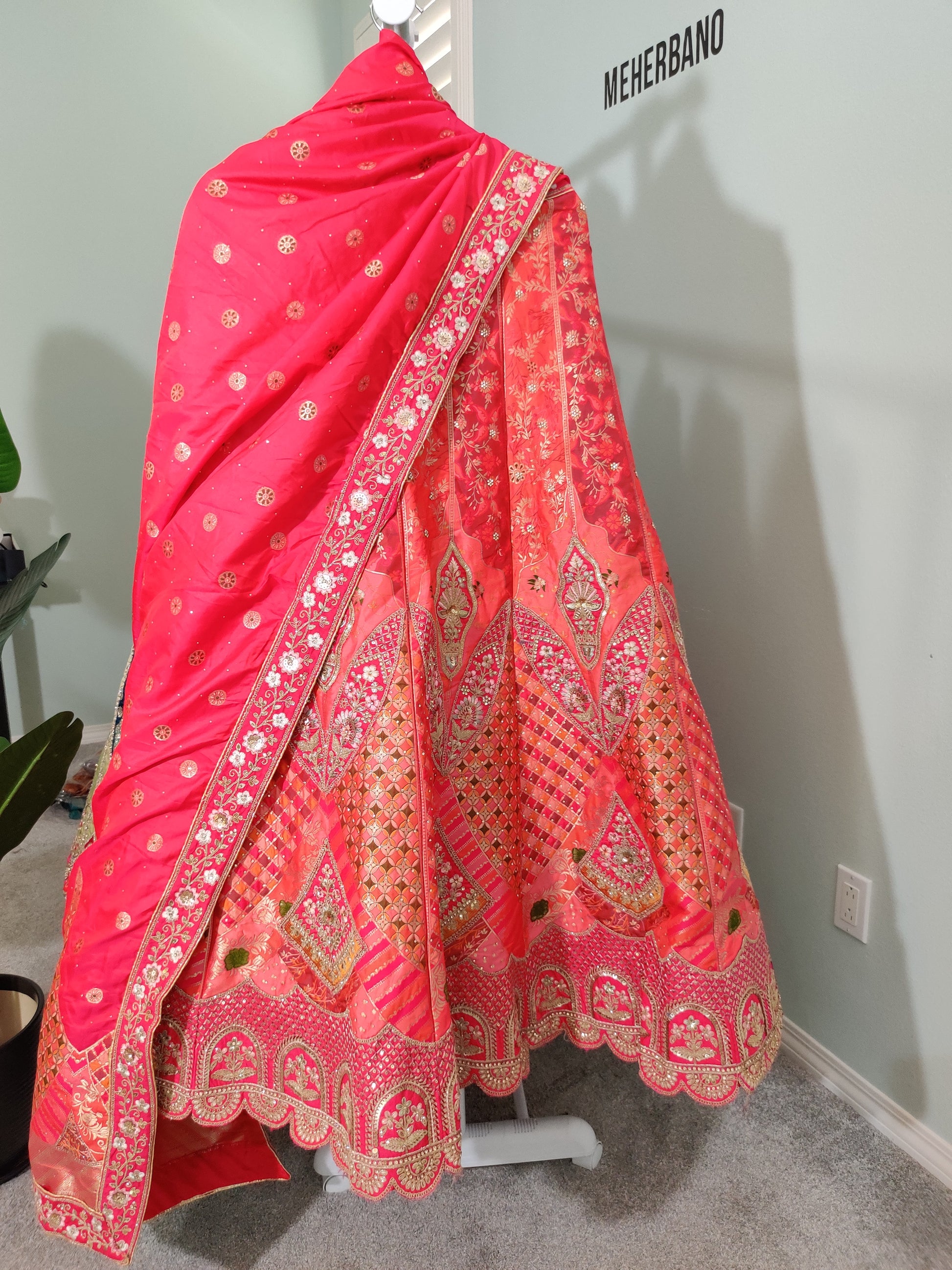Lehenga – Pink and Orange Mirror work lehenga in Bloom”