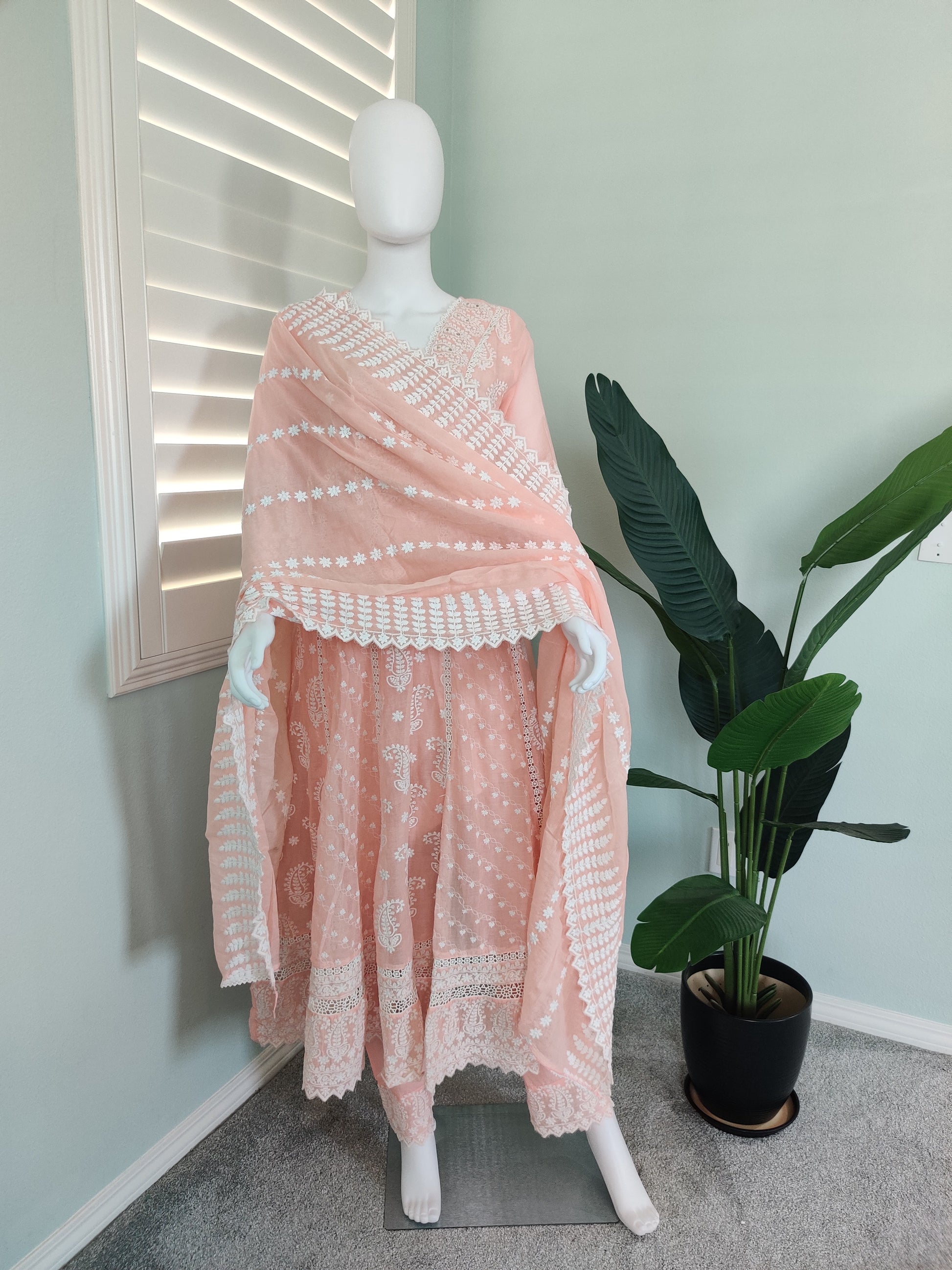 Peach Chikankari Anarkali Cotton Kurta Set