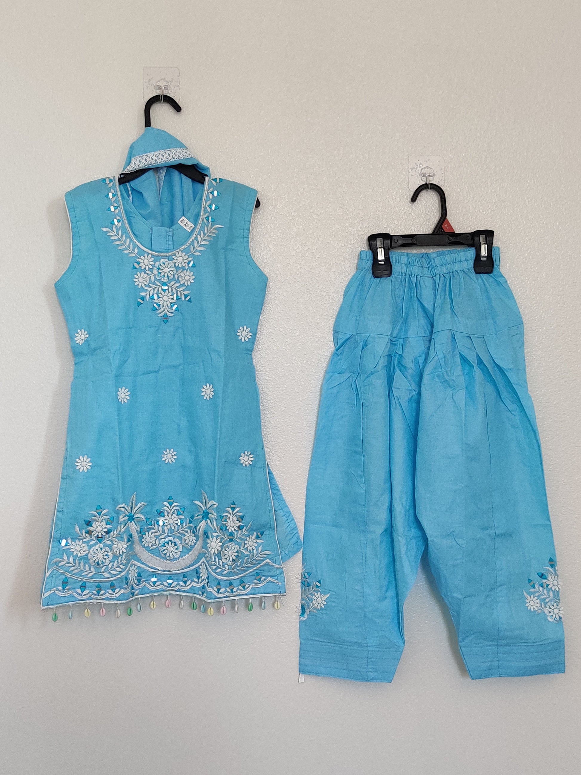 Little Girls’ Summer Wear Cotton Embroidered Salwar Suit Set — Light Blue