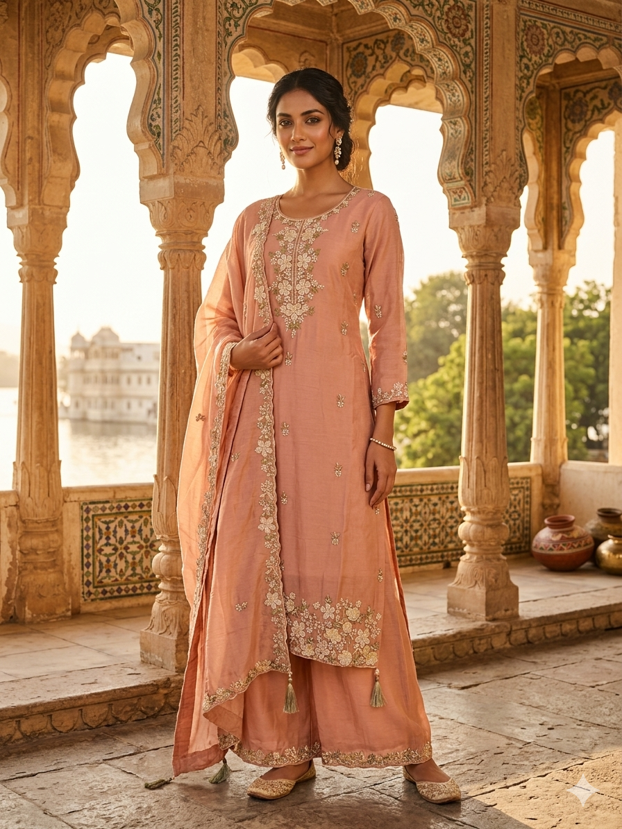 Peach Tissue Shimmer Handwork Embroidered Wedding Wear Suit