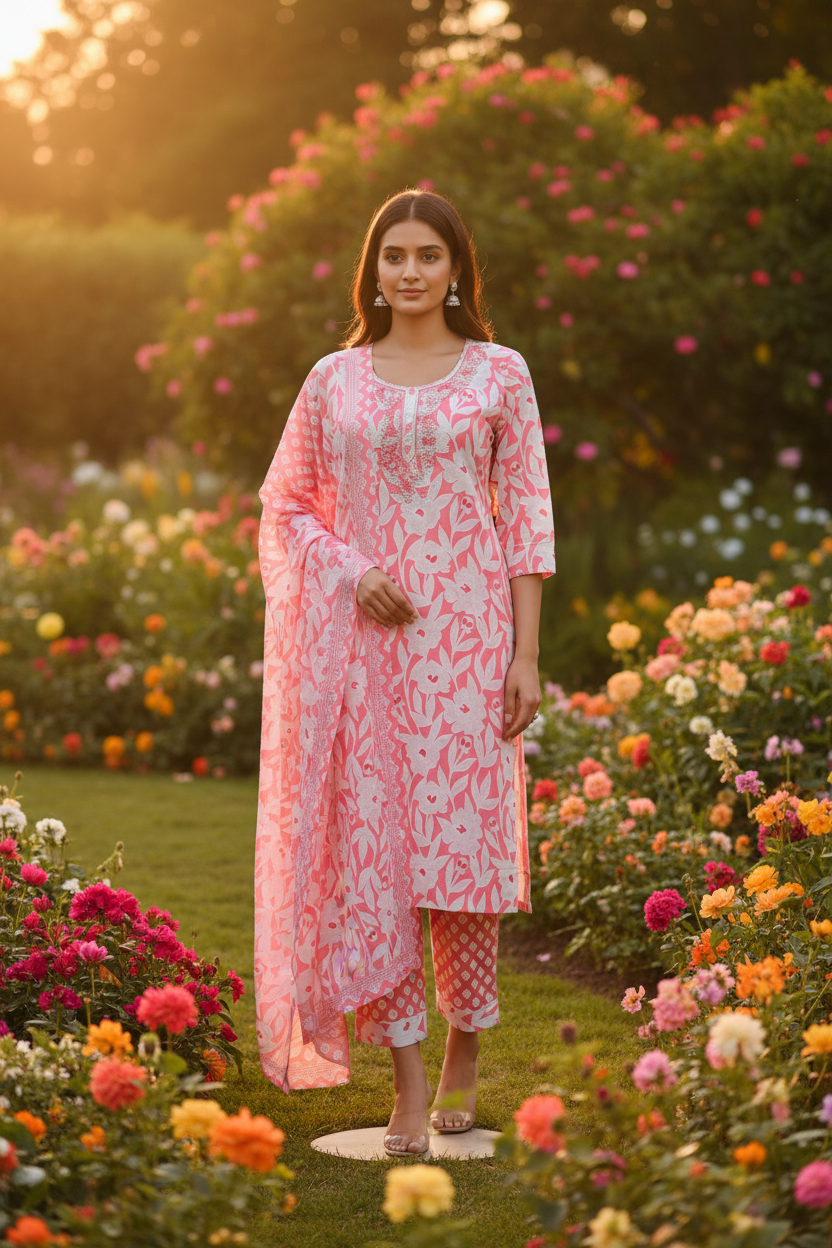 Light Pink Summer Wear Printed Cotton Kurta Set